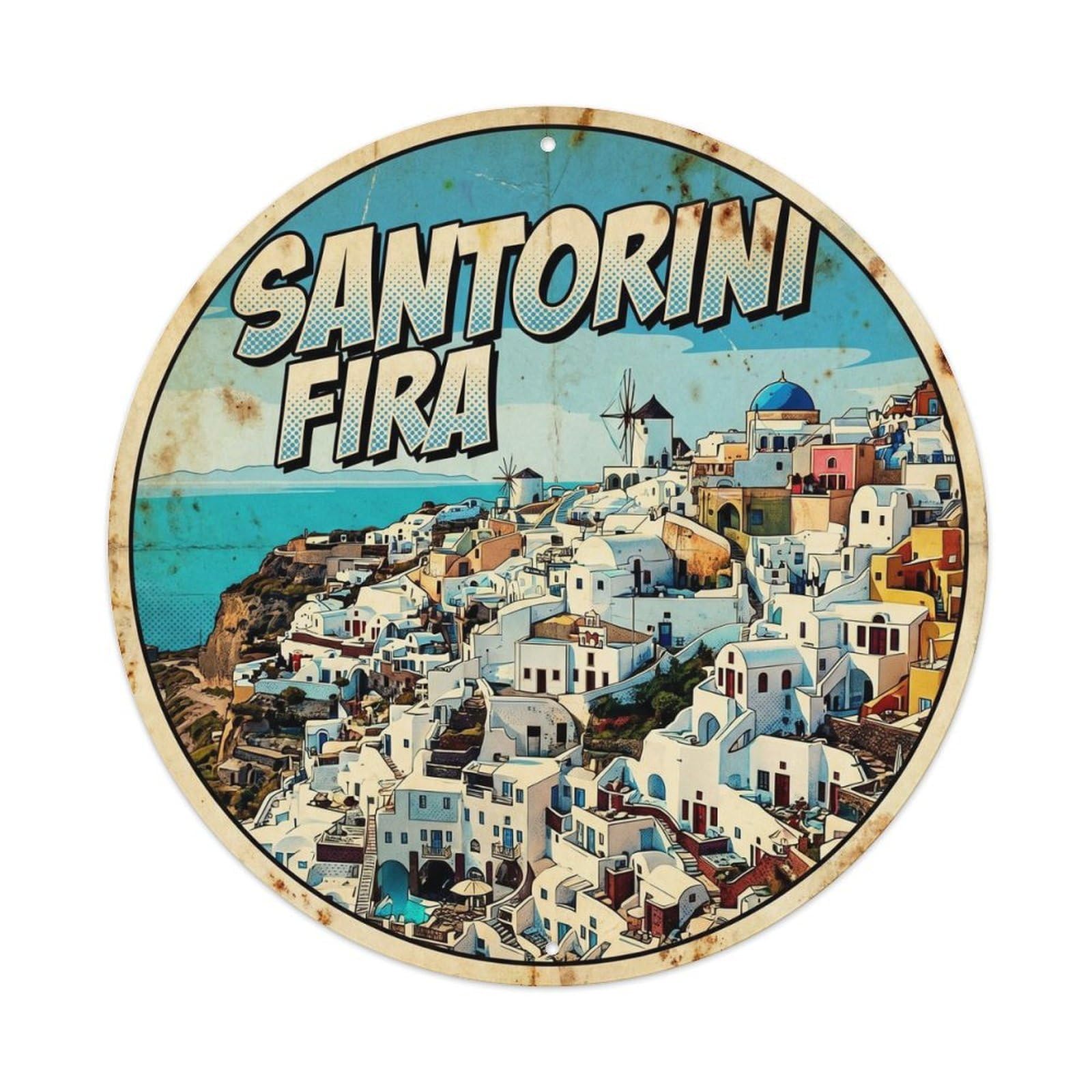 Santorini Fira Beach Scenery Comic Color Metal Tin Sign
