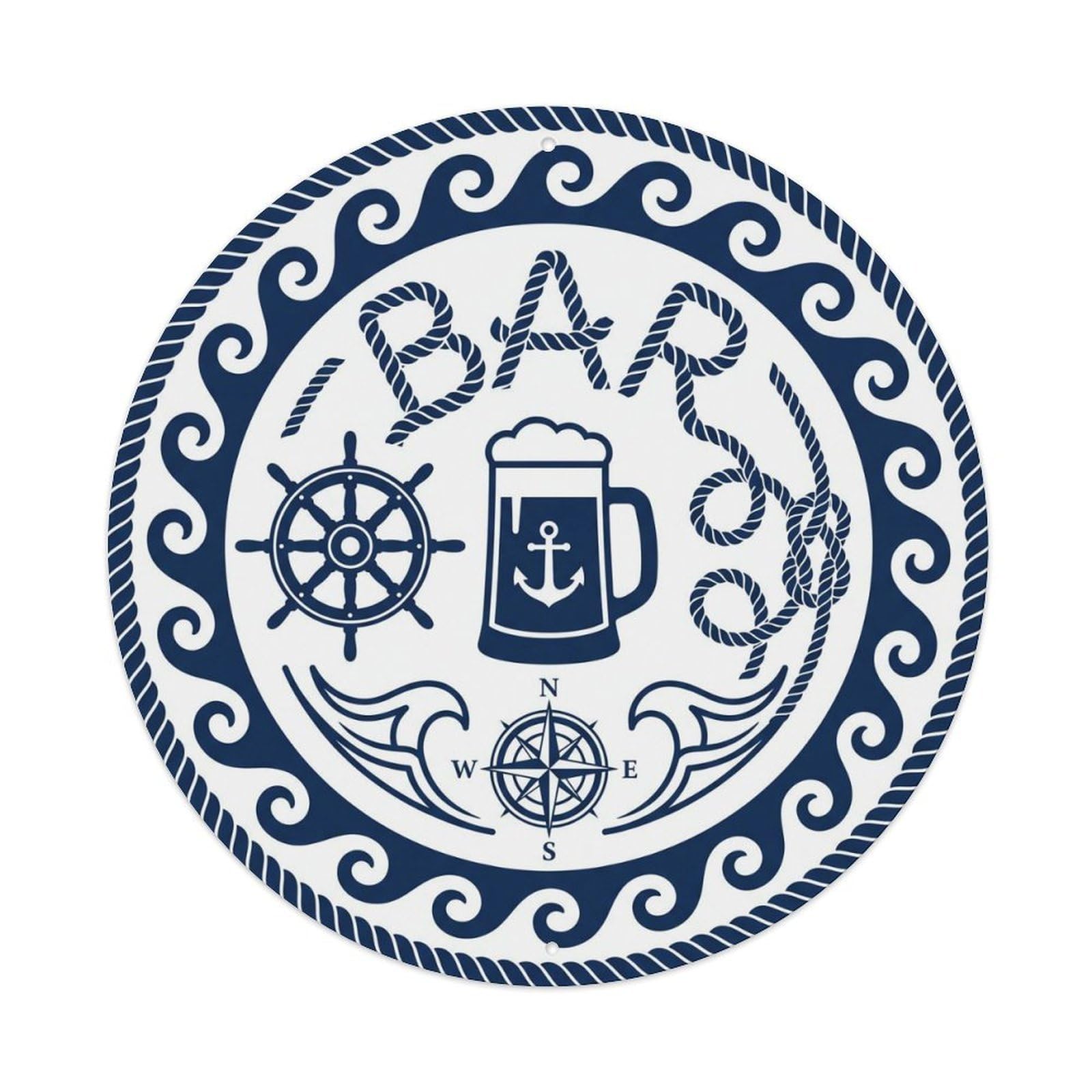 BAR Nautical Pub Emblem 1 Metal Tin Sign Plaque Wall Decor for Cafe, Club Bar, Office, Home Garden Round Metal Poster 8x8Inch