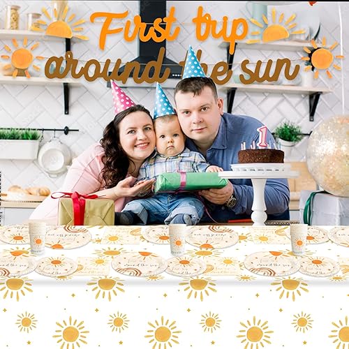 Miniatura 4 de Decoraciones de cumpleaños de primer viaje alrededor del sol – Decoraciones de primer cumpleaños de arco iris para niñas y niños, platos y
