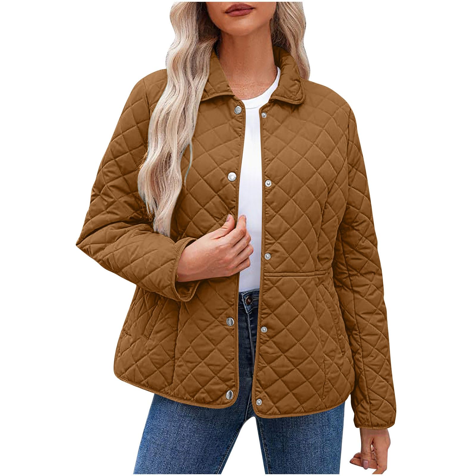 keepink Winter Jacket for Women Quilted Long Sleeve Button Down Solid Color Casual Bomber Outerwear Lightweight Warm with Pockets Relaxed Fit Trendy Down Coats #4 Coffee-picture-18