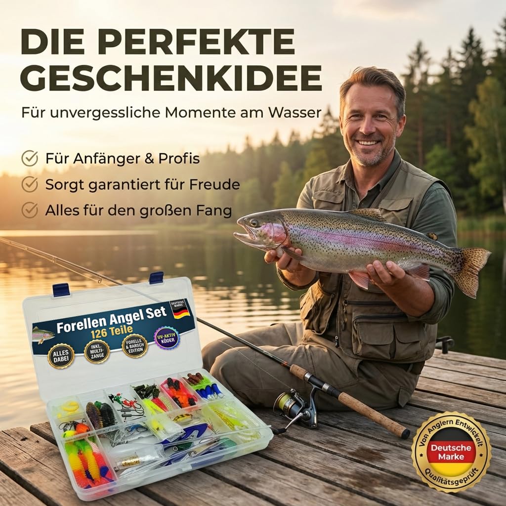 Forellen Angel Set Köder Sortiment Box 126 Teile Komplettset, Spoons Wobbler Spirolino Wirbel Gummiköder | Perfektes Angel Geschenk für Angler | Gummi Forellen Köder Set