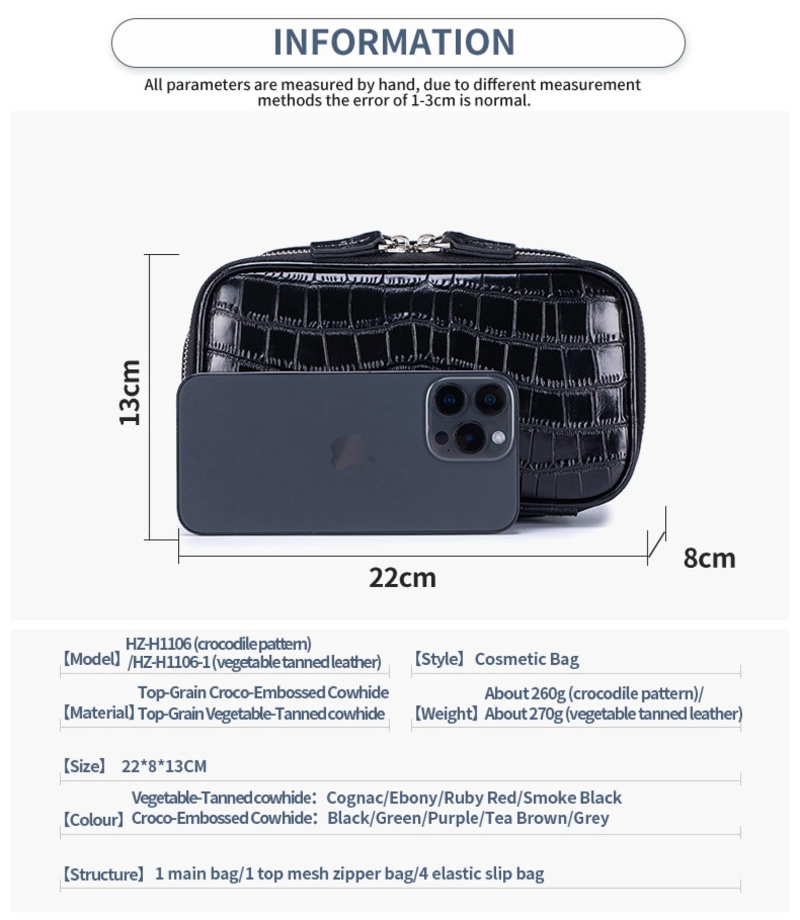 Beauty case da donna in vera pelle, con stampa a coccodrillo, grande capacità, portatile, con cerniera, impermeabile, per uso quotidiano e in viaggio, Nero , Custodia da viaggio per pennelli da trucco