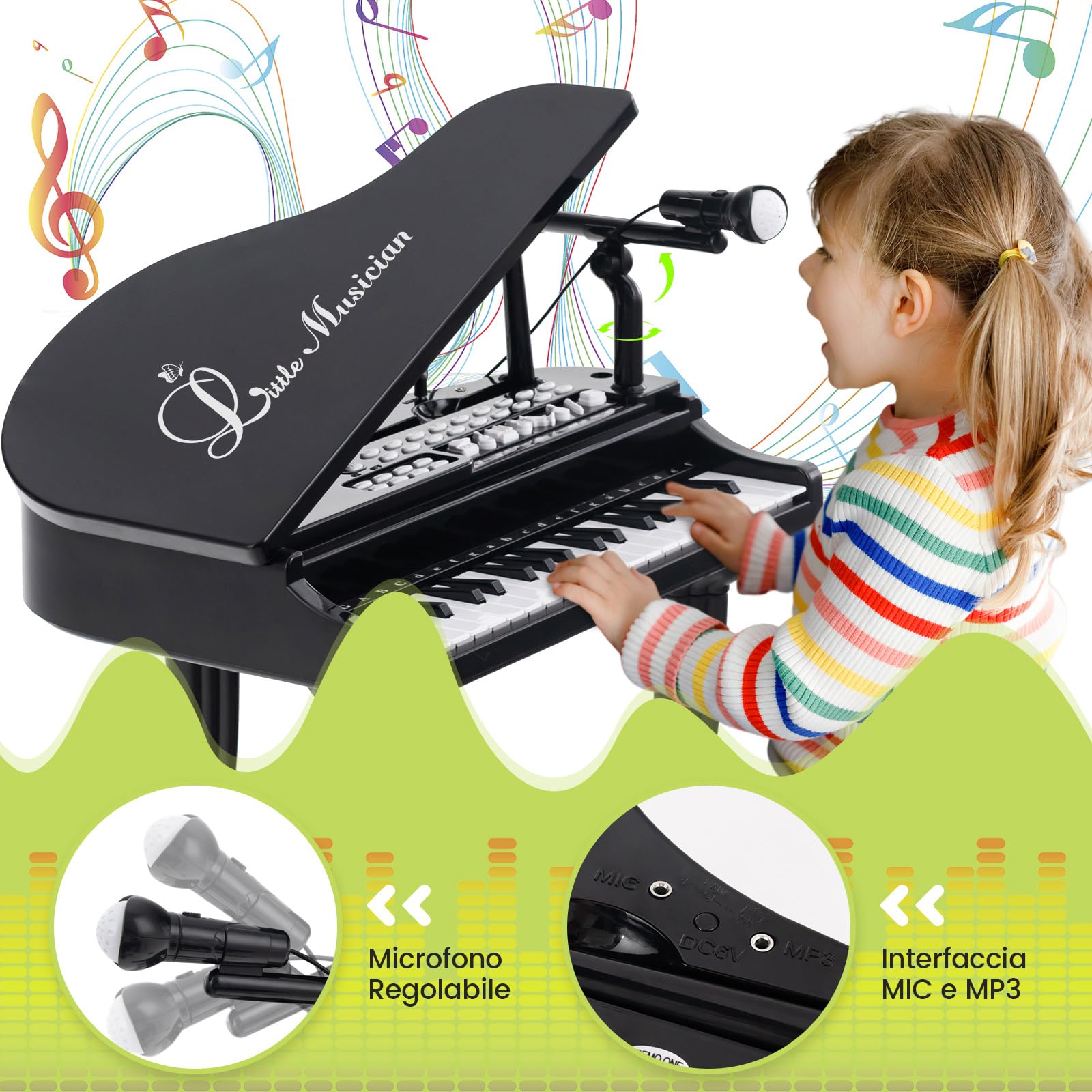 COSTWAY Pianoforte per Bambini a 37 Tasti, Set Pianoforte con Microfono Regolabile, Giocattolo Musicale Bambini, con Funzione di Registrazione e Riproduzione, per Ragazzi 3+ Anni (Nero)