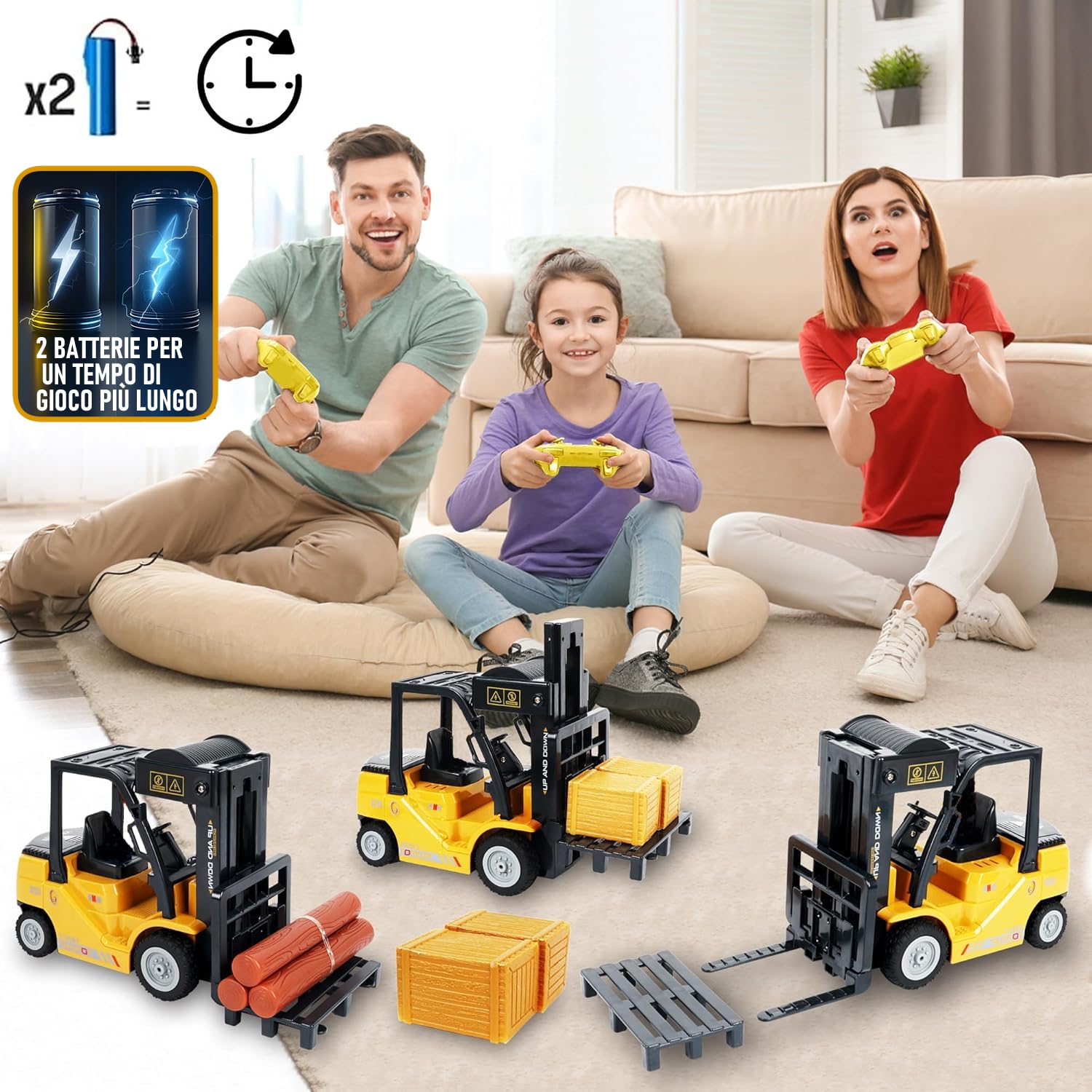 Scale 1:24 RC Giocattolo Carrelli Elevatori, Carrello elevatore telecomandato 2.4GHZ, con scatole/spray suono e luce, telecomandata carrello elevatore giocattolo per bambini, Regalo di complea