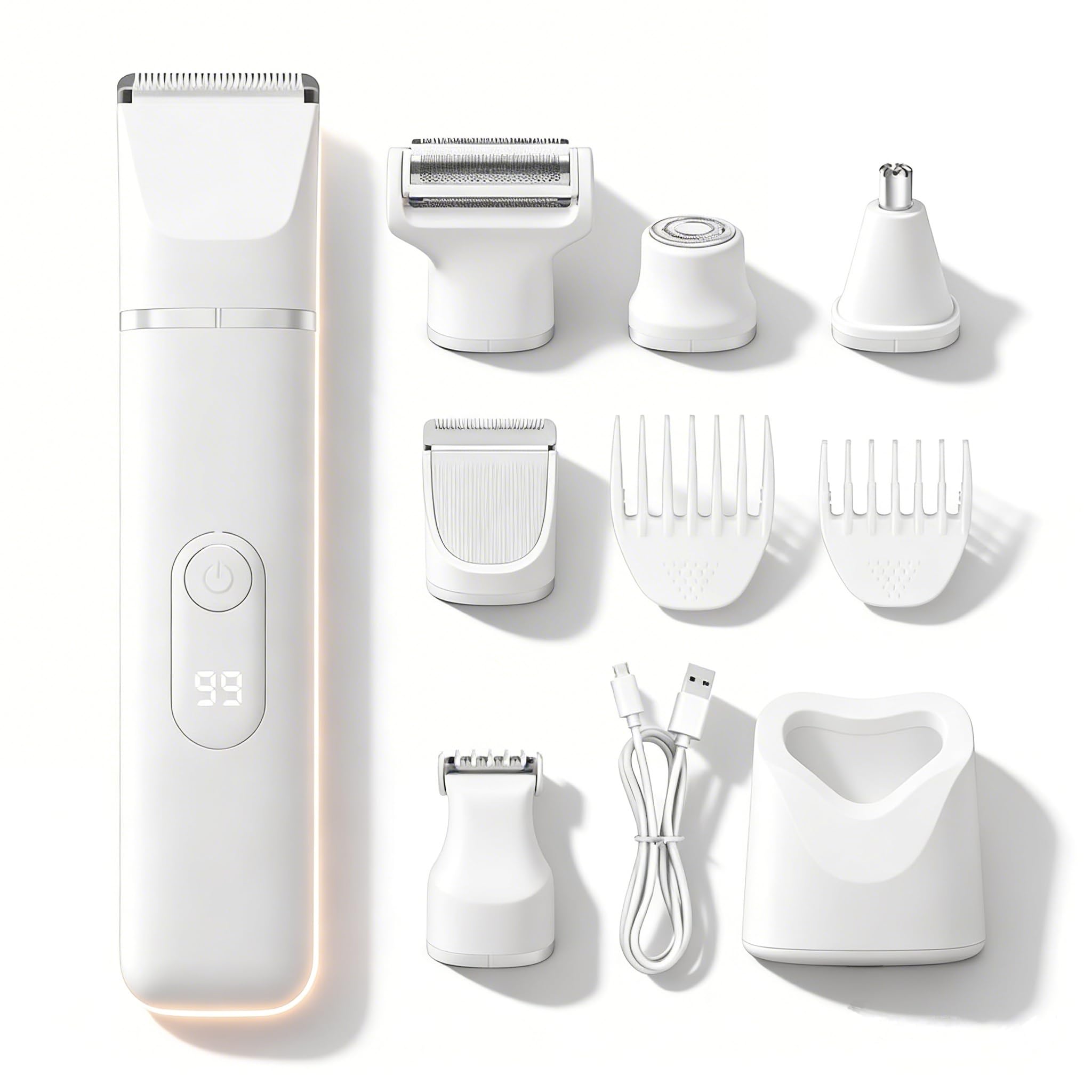 Bikini Trimmer for Women, 5-in-1 Electric Razor for Women, Painless Pubic Hair Trimmer & Body Shaver, IPX7 Waterproof Cordless Rechargeable Grooming Kit for Face, Leg, Underarm, Sensitive Skin, White