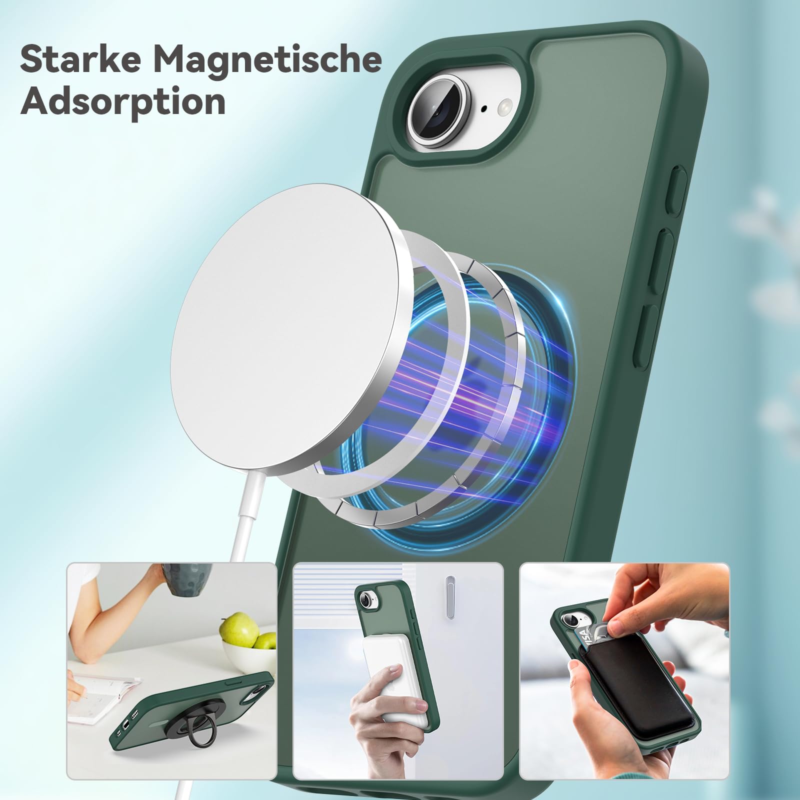 Natiiozie Magnetica Cover per iPhone 16E Compatibile con ricarica wireless Custodia Traslucida Opaca Posteriore, Antiurto Anti-impronta Resistente ai Graffi Protettiva Case iPhone 16E verde