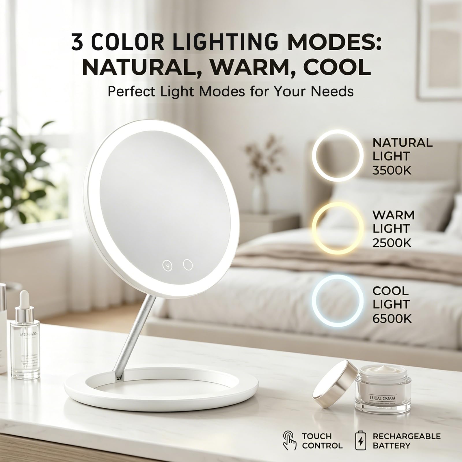 Specchio da viaggio ricaricabile con luce LED, specchio da viaggio con illuminazione a 3 colori. Specchio portatile dimmerabile e leggero, essenziale da viaggio di bellezza
