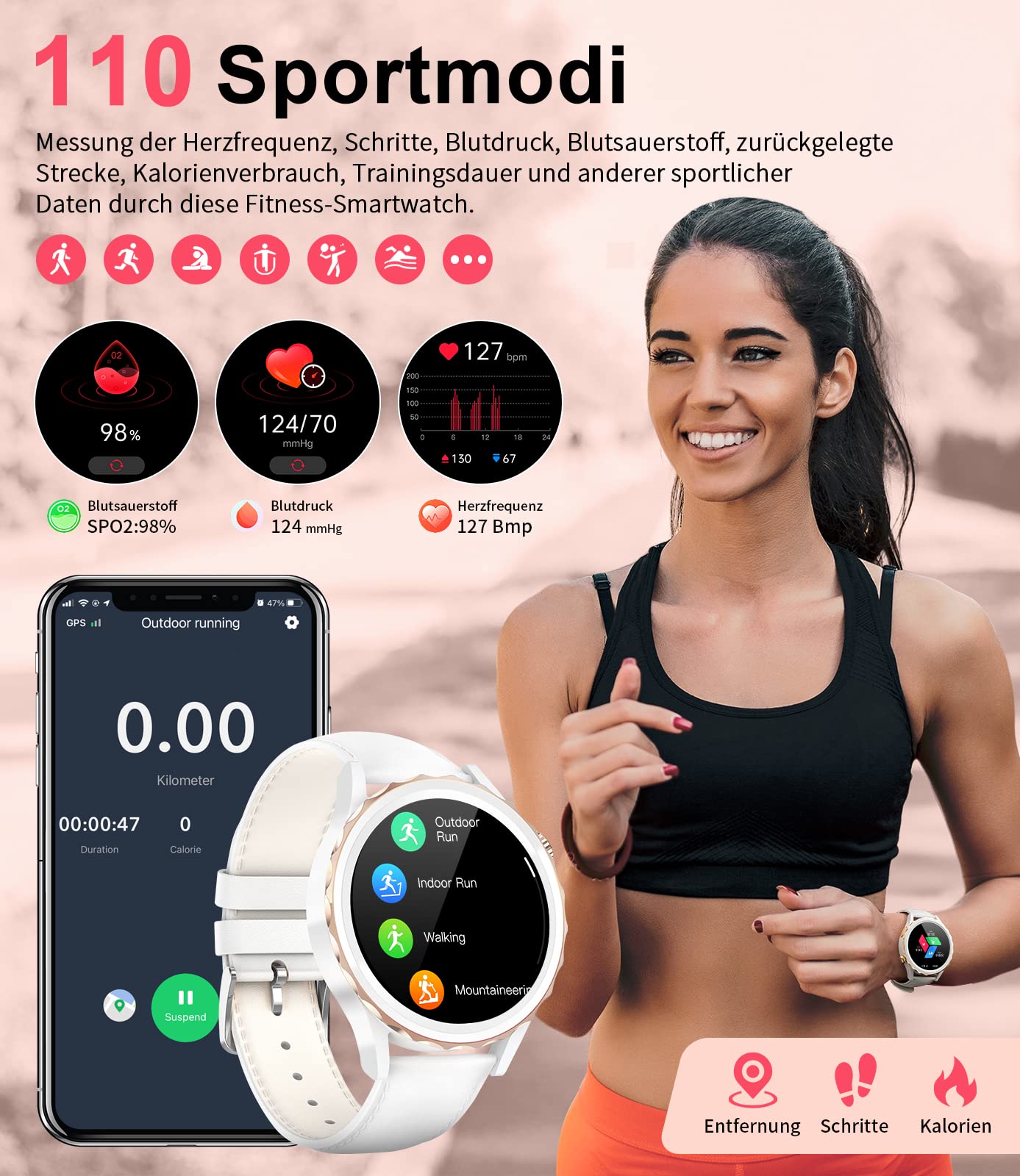 Smartwatch Damen IP68 Wasserdicht Telefonfunktion Schrittzähler Blutdruckmessung Pulsuhr Schlafmonitor 100+ Sportmodi Fitnessuhr Android iOS