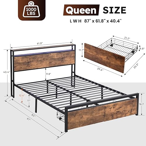 Miniatura 55 de Base de cama de tamaño matrimonial con cabecero, plataforma LED con 4 cajones de almacenamiento, estación de carga integrada, sin ruido, base de