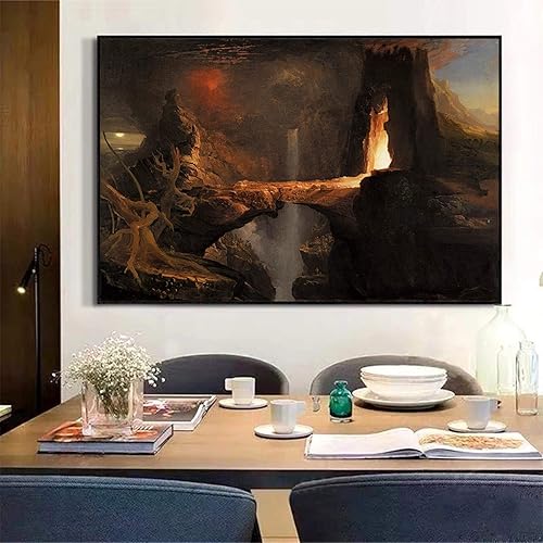 Miniatura 4 de Impresiones en lienzo Thomas Cole "Expulsión. Luna y luz de fuego" Lienzo Arte de la pared Sala de estar Imagen de decoración del hogar 50x75cm Sin