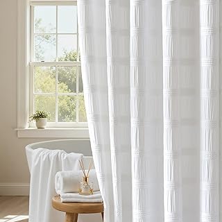 White Shower Curtain Fabric, White Textured Shower Curtain Boho Cotton B...