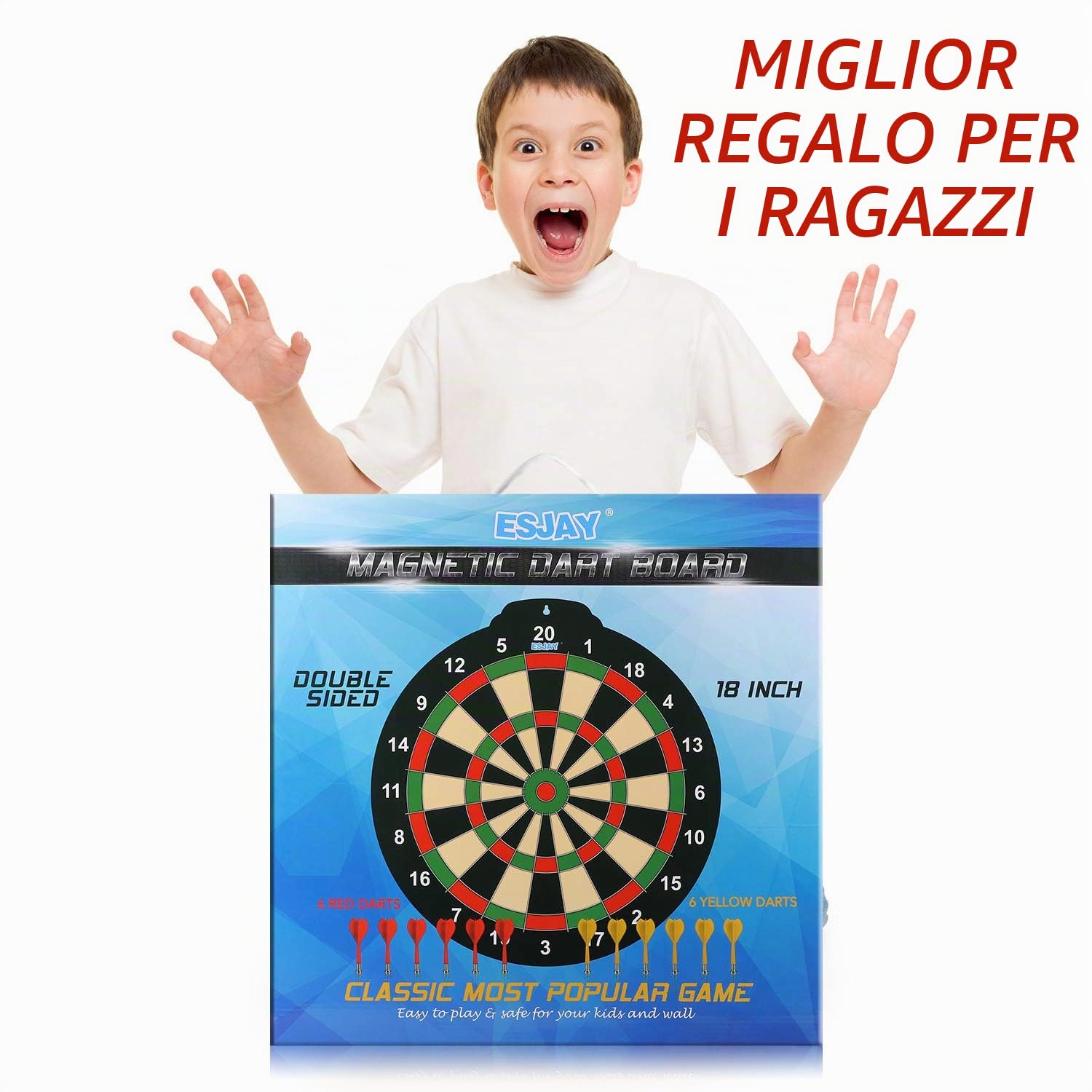 Esjay Set di freccette magnetiche da 45,7 cm per bambini di 8+ anni, giocattoli da ragazzo regalo per interni ed esterni con 12 freccette, bersaglio a doppia faccia di grandi dimensioni gioco sicuro