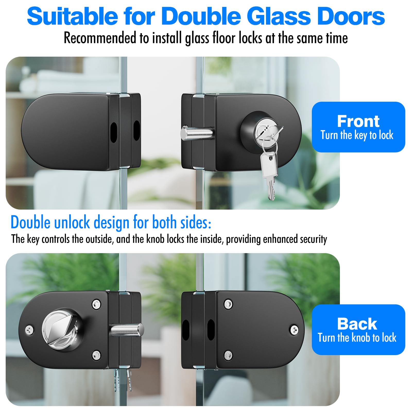 Ranbo cerraduras para puertas sin marco, cierre para puerta de cristal con llave, acabado negro mate, compatible con vidrio de 10~12 mm, instalación sin taladro, ideal para el hogar u oficina