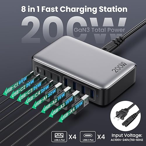 Miniatura 2 de Bloque de cargador USB C de 200 W, estación de carga rápida USB C de 8 puertos PPS PD 65 W, adaptador de cargador para portátil compatible con