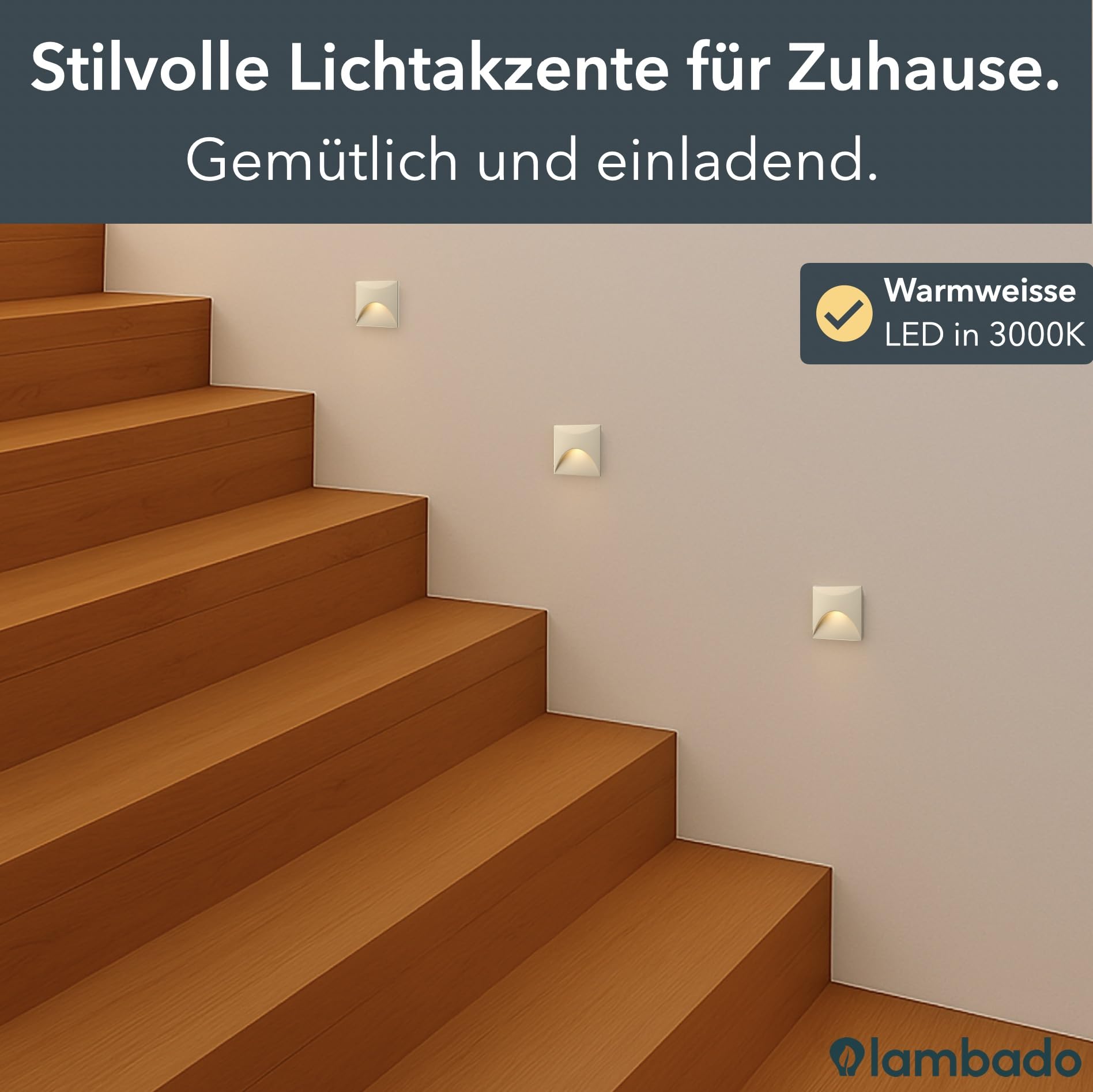 lambado® LED Treppenbeleuchtung für Innen & Aussen | IP65 Wasserschutz | 230V Unterputz Treppenlicht 3W Warmweiss | Wandeinbauleuchte für Treppen | Treppenstufenbeleuchtung