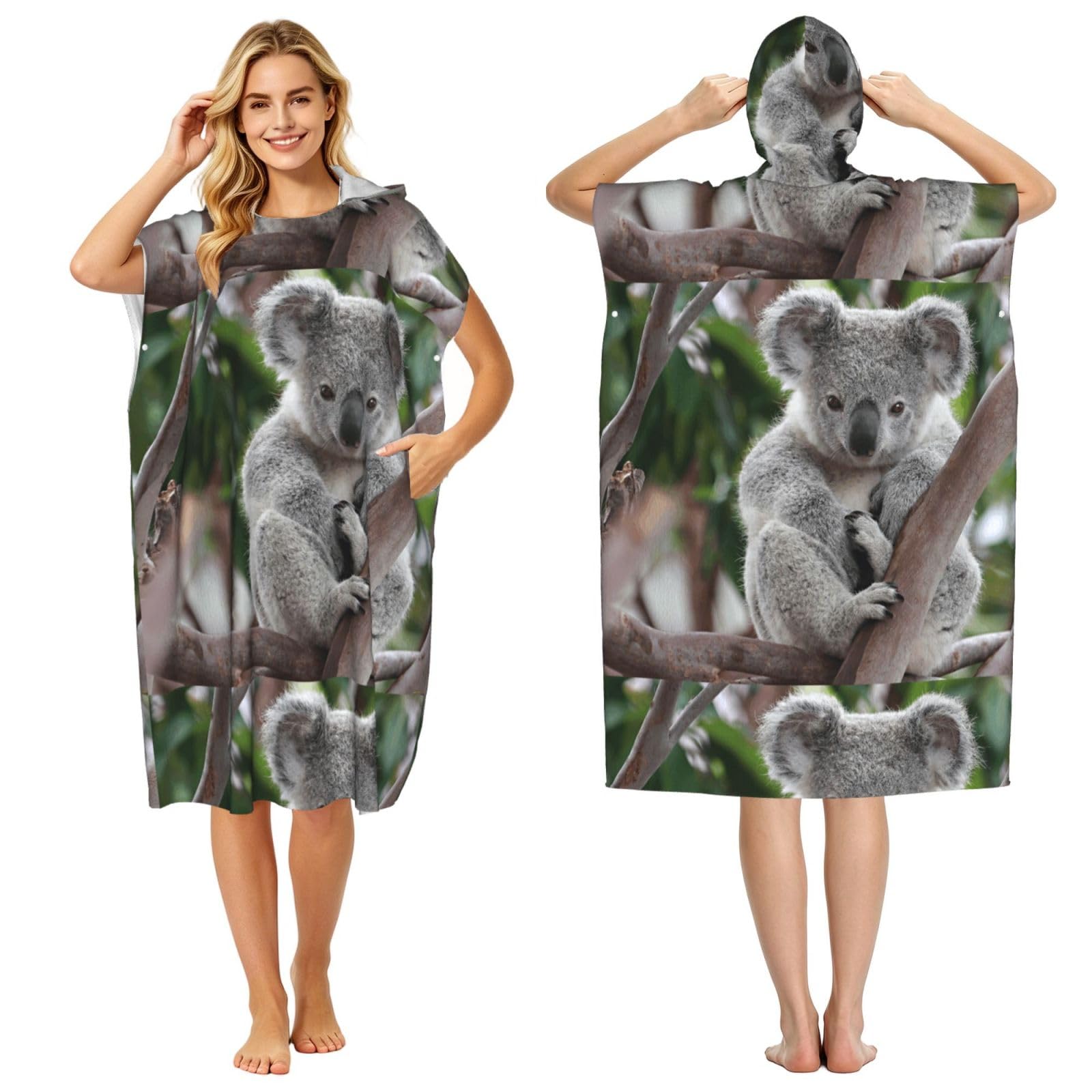 Poadnly Cute Koala, Adult Hooded Beach Towel 90 x 110 cm,Changing Bath Robe, Surf Poncho Towel For Women Men