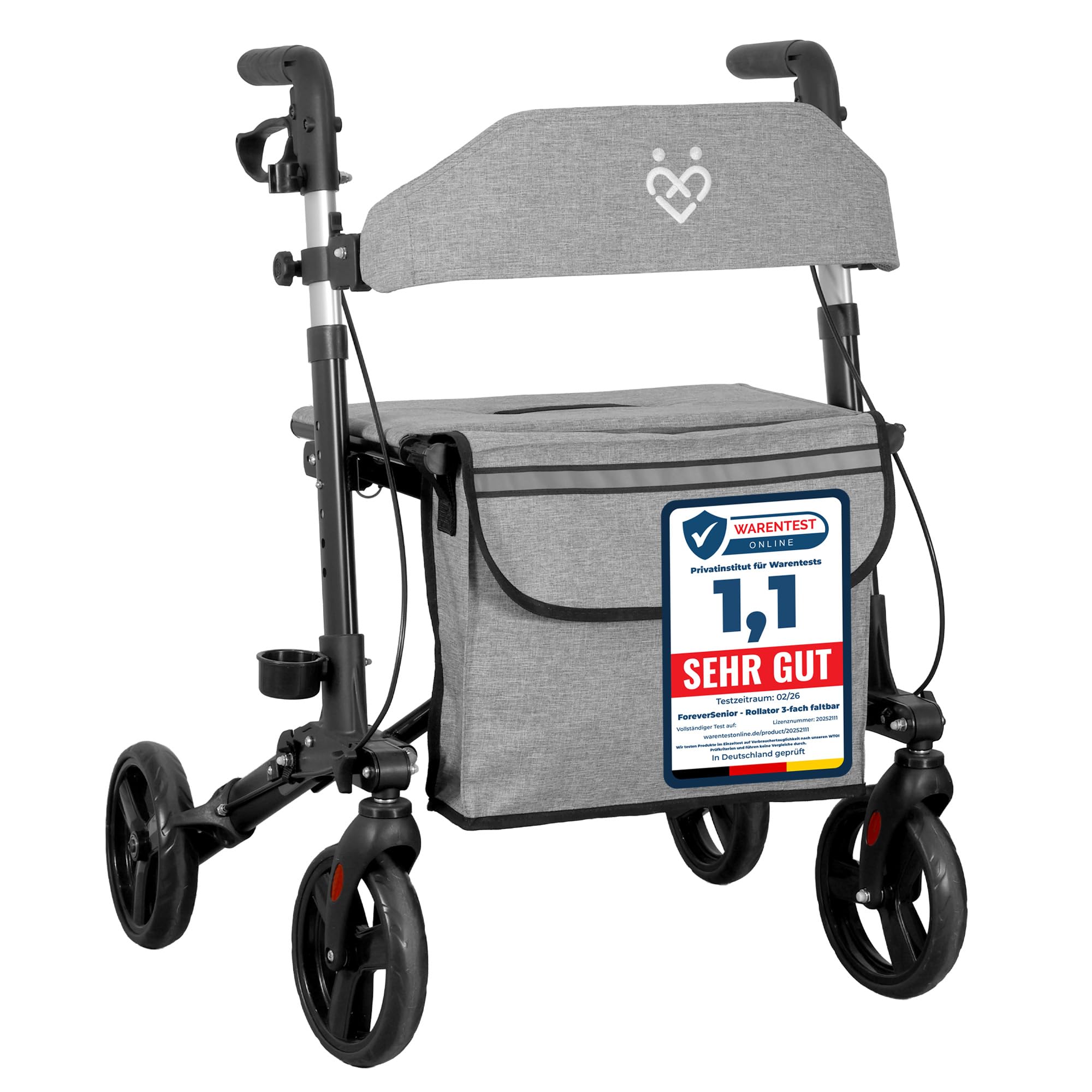 Rollator - 3-fach faltbar und leicht mit Sitz und All Gelände Reifen, schmaler 7,2kg Reiserollator zum Klappen für Senioren