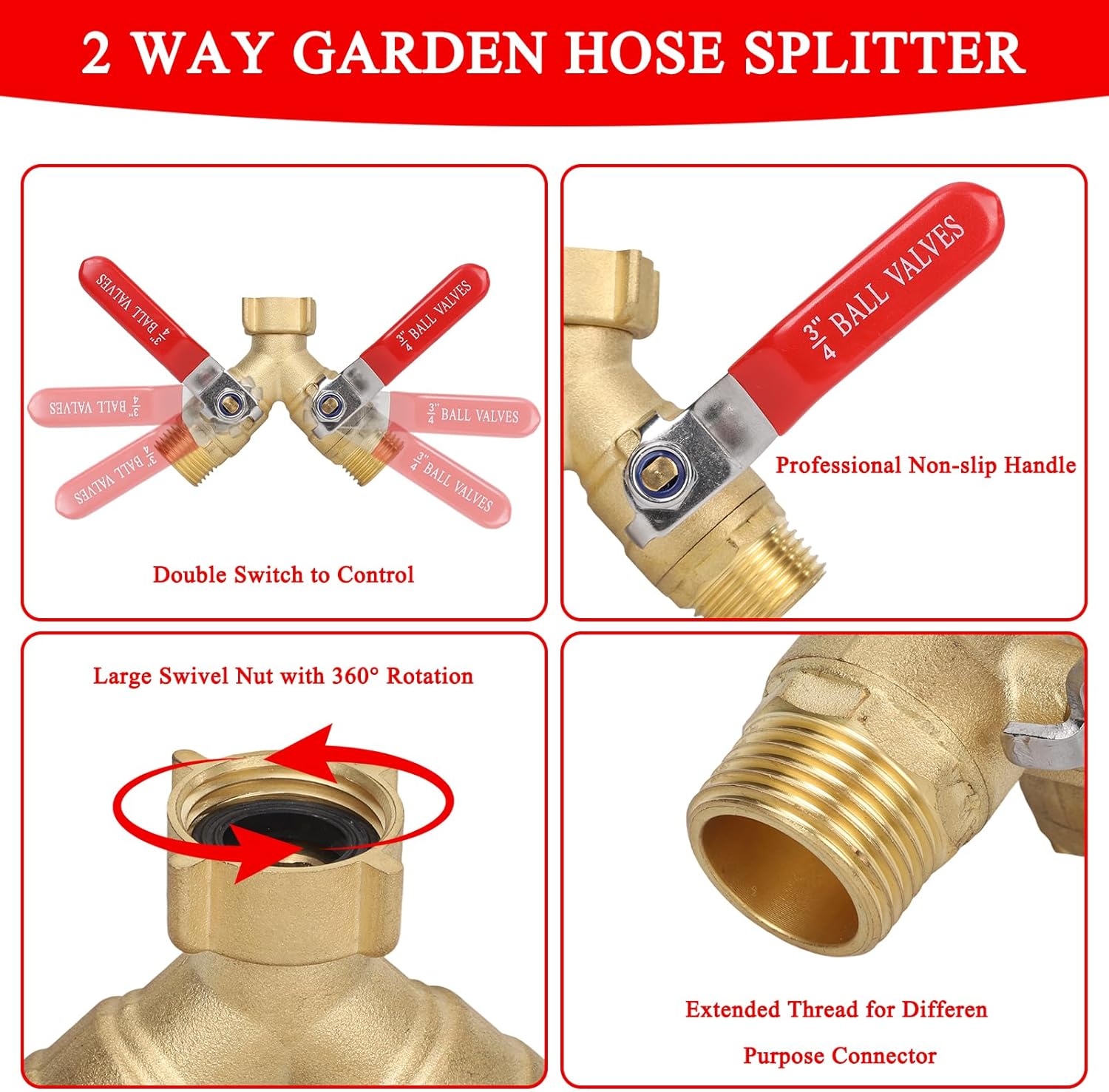 hose splitter 2 way brass garden hose splitter with stainless steel long handle y valve water hose adapter 3/4" ght thread