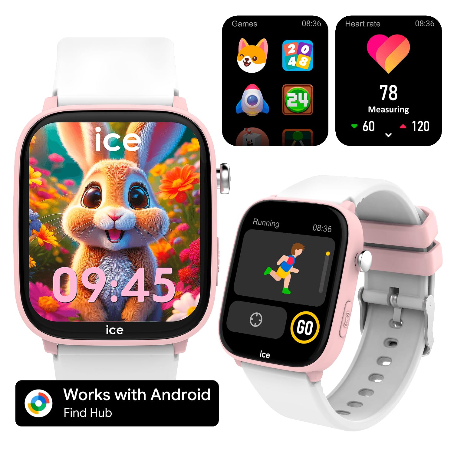 ICE-WATCH - Ice Smart Junior Find Hub Pink White - Montre connectée gélocalisable Android Rose avec Bracelet en Silicone - 025681 (36mm) - Compatible Find Hub, sans abonnement et sans Carte SIM