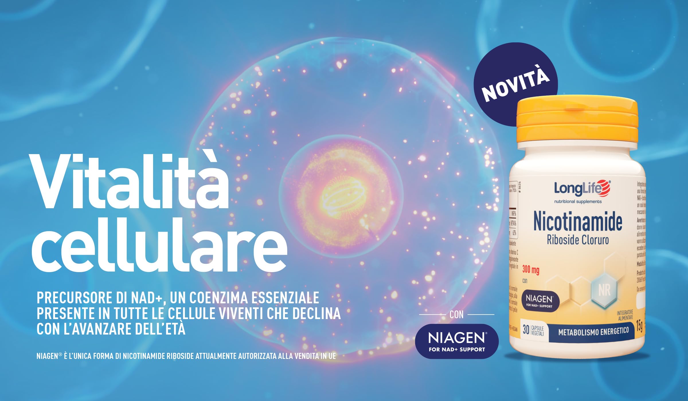 LongLife® Nicotinamide Riboside Cloruro | 300mg Niagen® | Precursore NAD+ | Con vitamina C | 1 mese di trattamento | Vegano e senza glutine