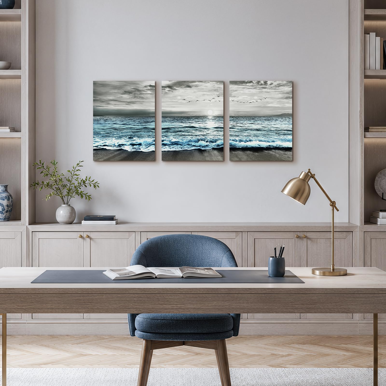 MHARTK66 Quadri Moderni Uccelli Della Spiaggia All'alba, Quadro Su Tela Grigio Blu Mare Oceano Quadro Moderno Soggiorno Camera da Letto Sala Da Pranzo Bagno Cucina e Ufficio