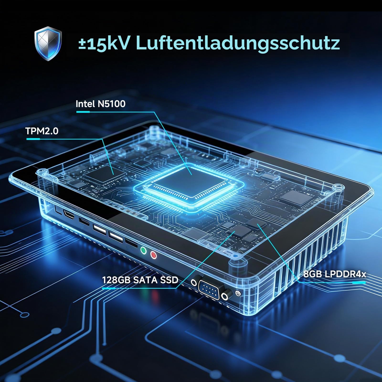 15,6 Zoll Industrie Panel PC mit Touchscreen - Windows 11 Pro, Intel N5100, 8GB RAM, 128GB Speicher, Lüfterlos, IP65-Front, WLAN/Bluetooth (Modell P15J, Schwarz)