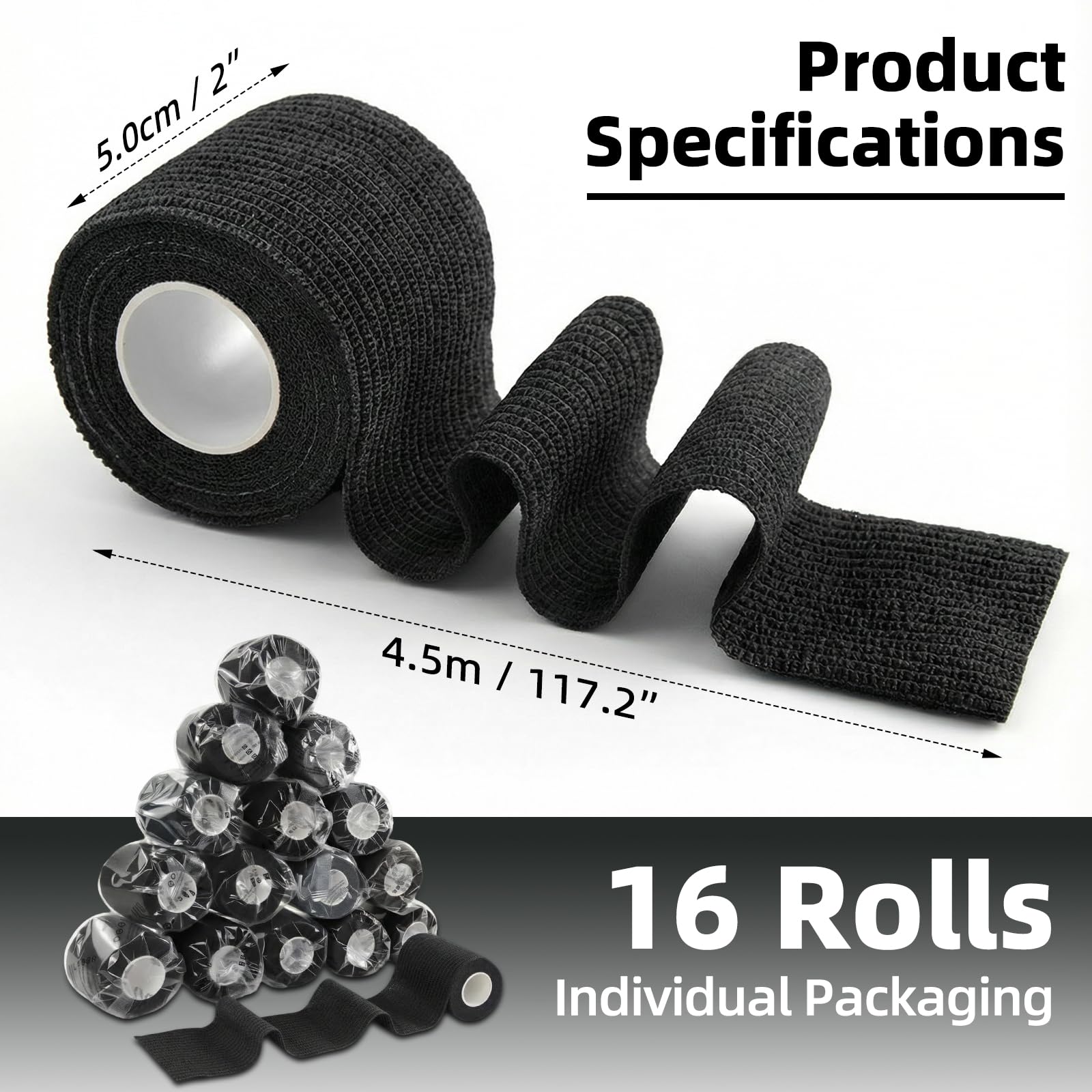 HONYAO Selbstklebender Verband 16 Rollen, 5cm x 4,5m Verbandsmaterial, Selbsthaftender Verband für Hund Katze Pferde, Elastische Binde für Handgelenk Knöchel Sport Erste Hilfe, Schwarz