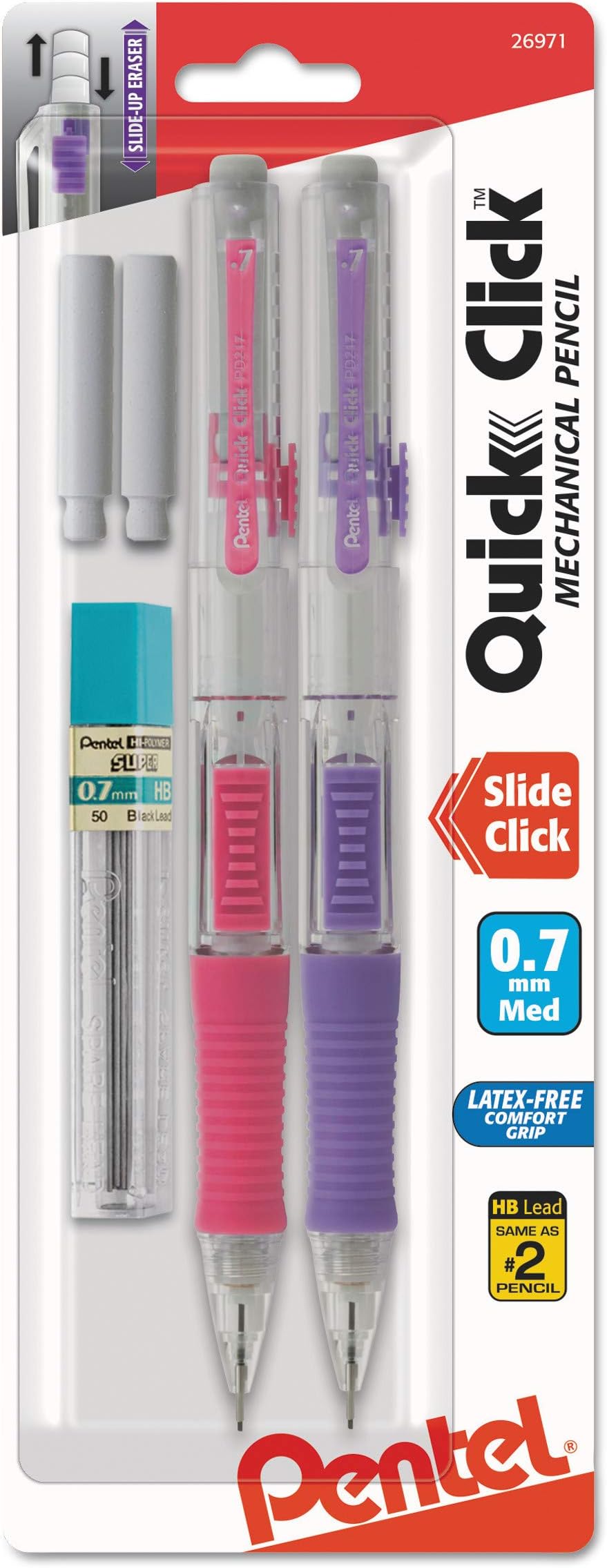 PD217LEBP2 QUICK CLICK Mechanical Pencil, HB, No.2, 0.7 mm, Assorted Barrel, 2/Pack