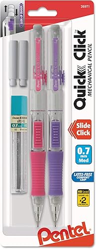 Pentel PD217LEBP2 QUICK CLICK - Lápiz mecánico, HB, No.2, 0.028 in, barril surtido, paquete de 2