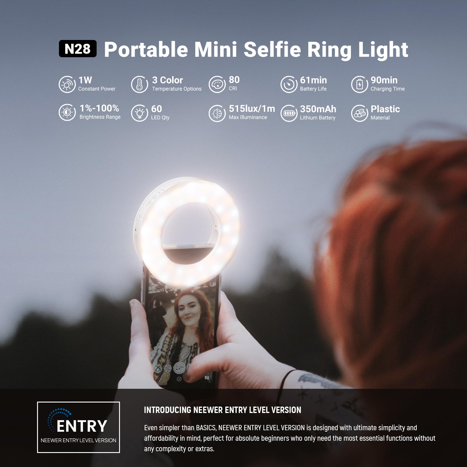 NEEWER 10 Inch LED Selfie Ring Light Entry Level - Met Bureauklem, Telefoonhouder En Oplaadbare Batterij Voor Video, Streaming En Make-up