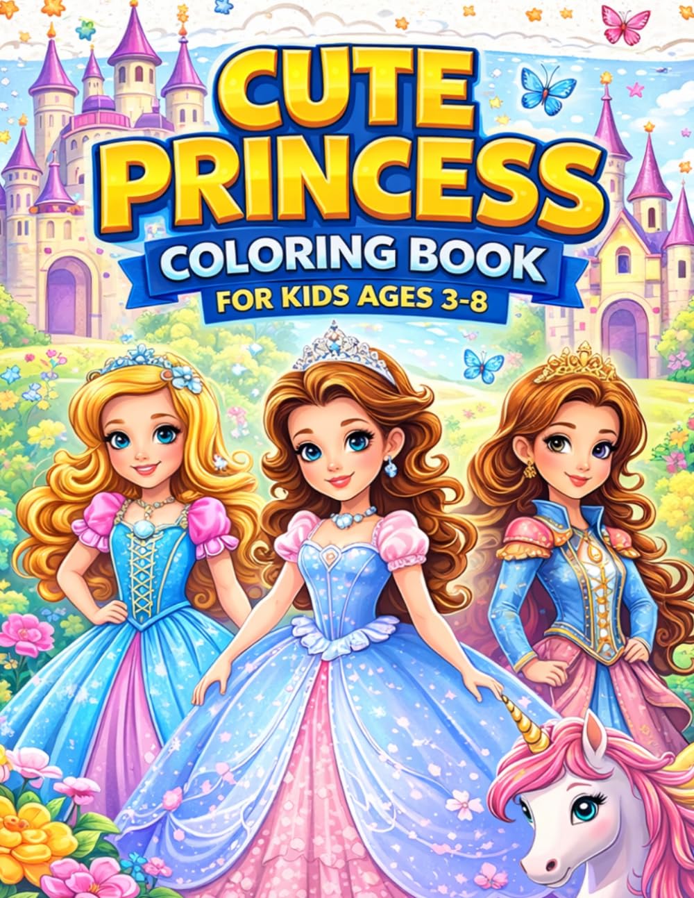 Cute Princess Coloring Book for Kids Ages 3–8: Easy and Fun Princess Coloring Pages with Castles, Dresses and Fairy Tale Scenes for Toddlers and Kids Ages 3–8