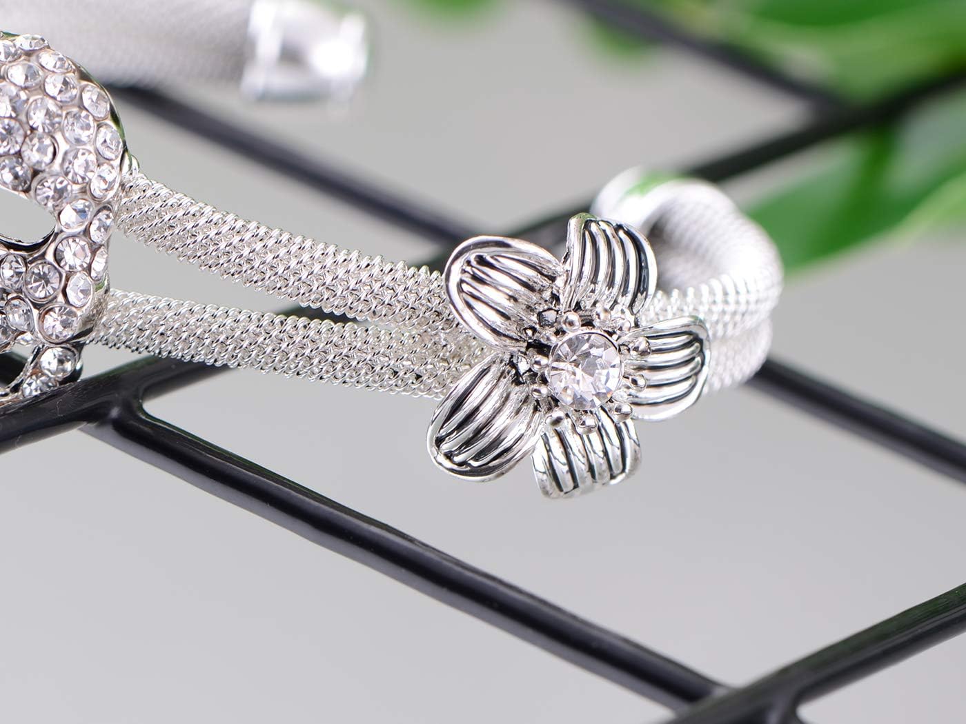 Alilang Womens Jewelry Gothic Punk Skull Floral Halloween Rhinestone Gray Silver Cuff Bracelet - Image 3