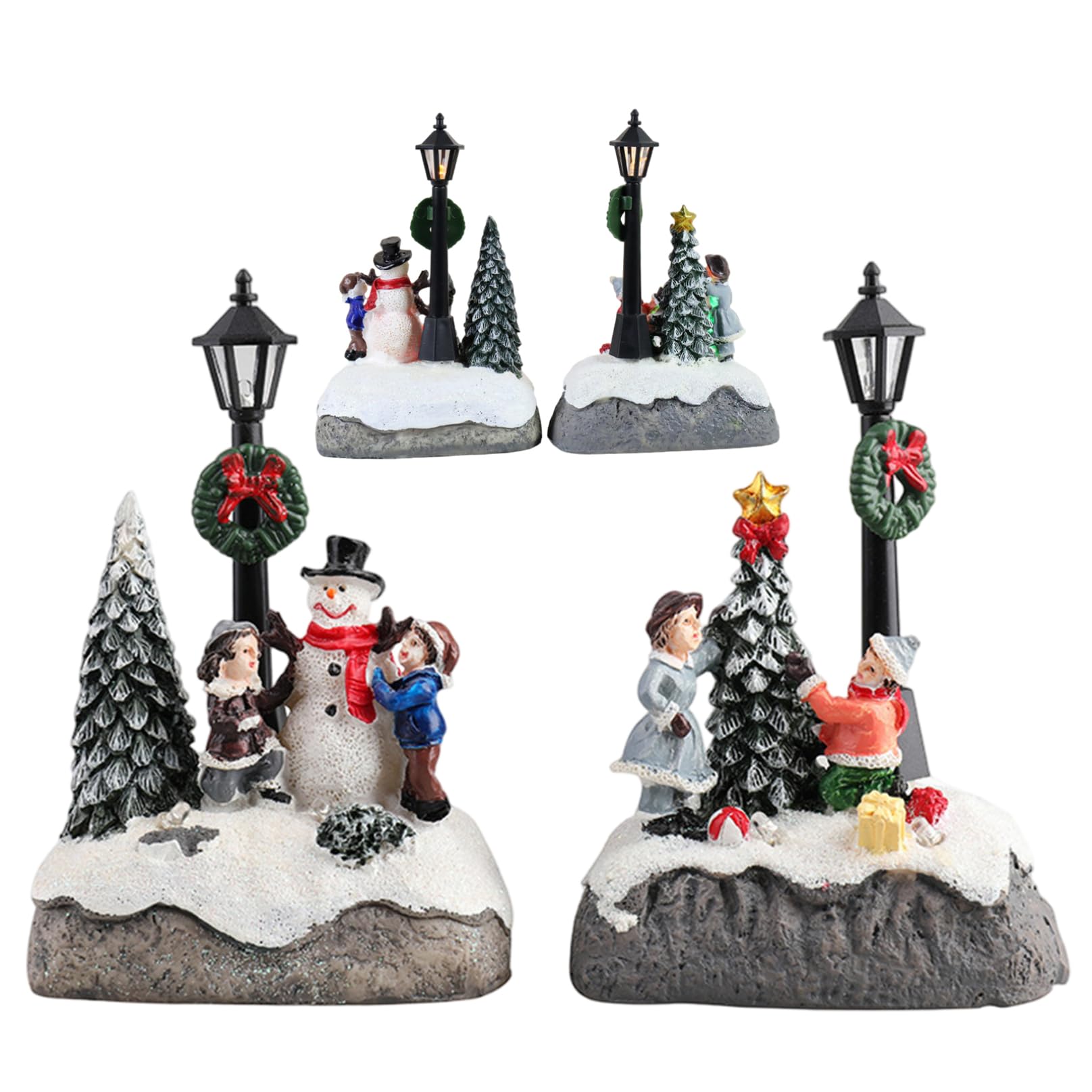 Wedhapy Christmas Houses Village 2Pcs Christmas Figurines, Snowman Tree Village Scene with Figurines LED Light Xmas Accessories Tabletop for Table Decor