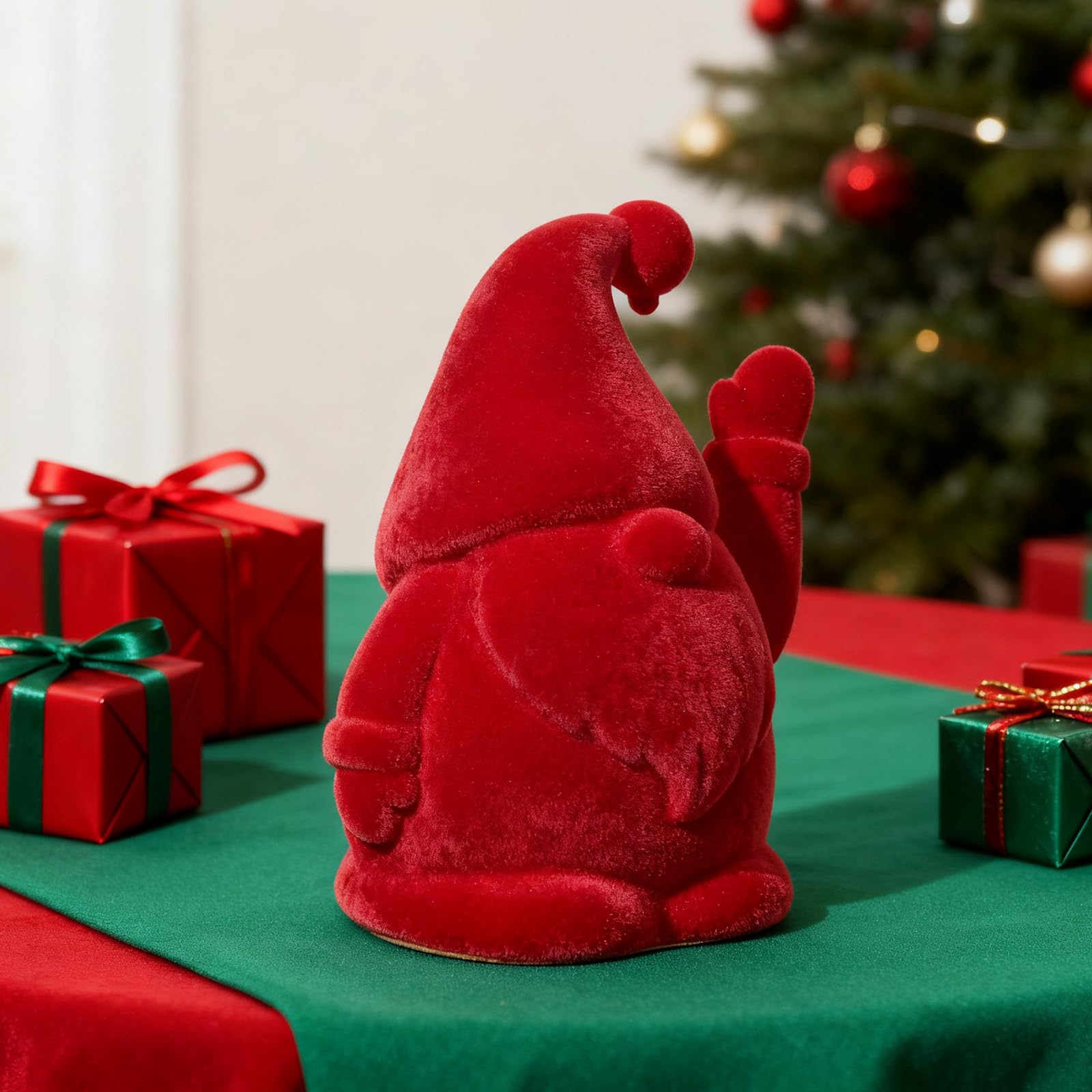 WDS WONDROUS Waving Arm Christmas Gnome, Flocked Santa Figure, Handmade Plastic Elf Moving Arm Decor for Home Office Shelf Tabletop Holiday Decoration (16.0 cm Red)