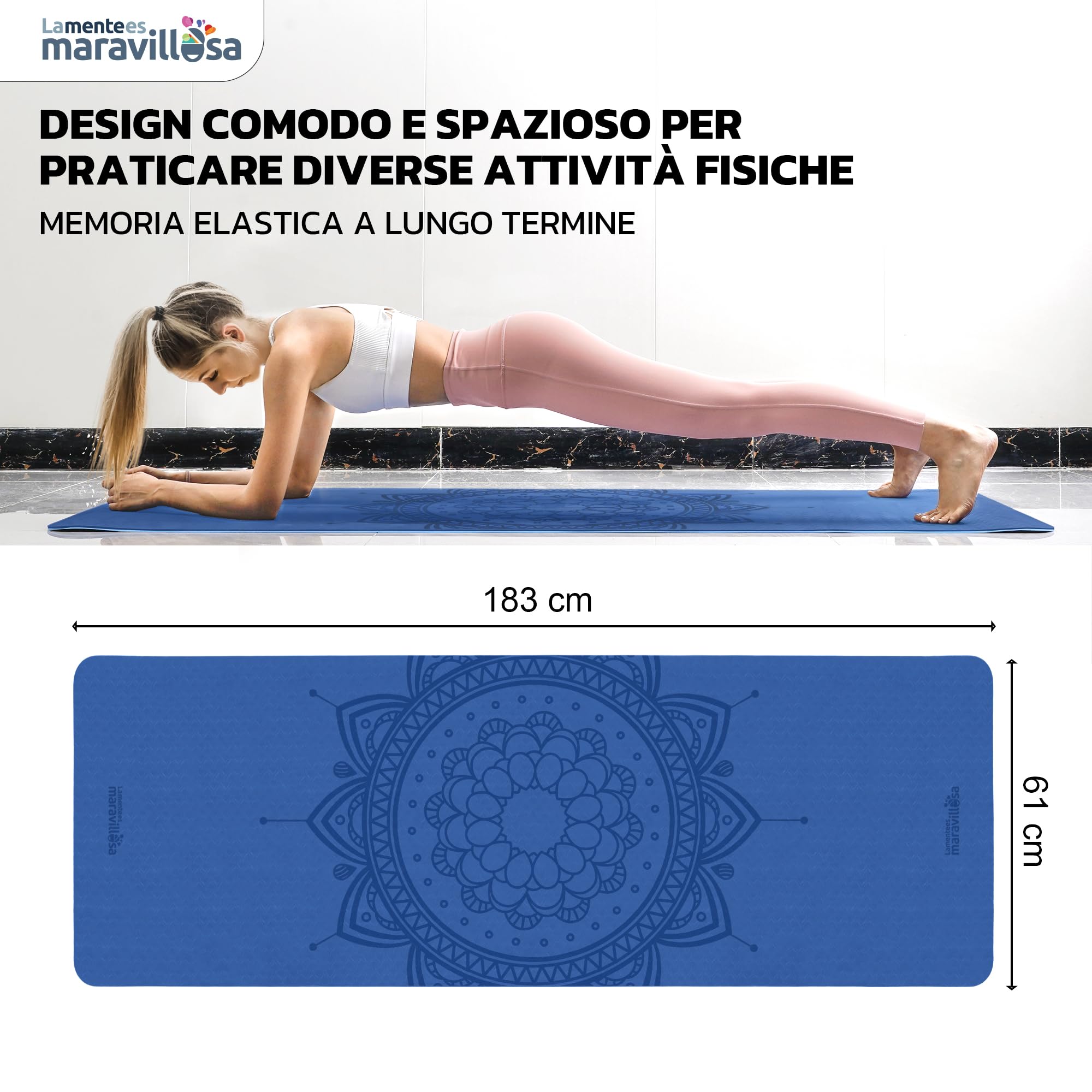 LA MENTE ES MARAVILLOSA - Tappetino Yoga e Pilates Antiscivolo in TPE, 183x61 cm, Spessore 6 mm, con Custodia, Tracolla ed E-Book, Materassino per Allenamento, Stretching e Meditazione