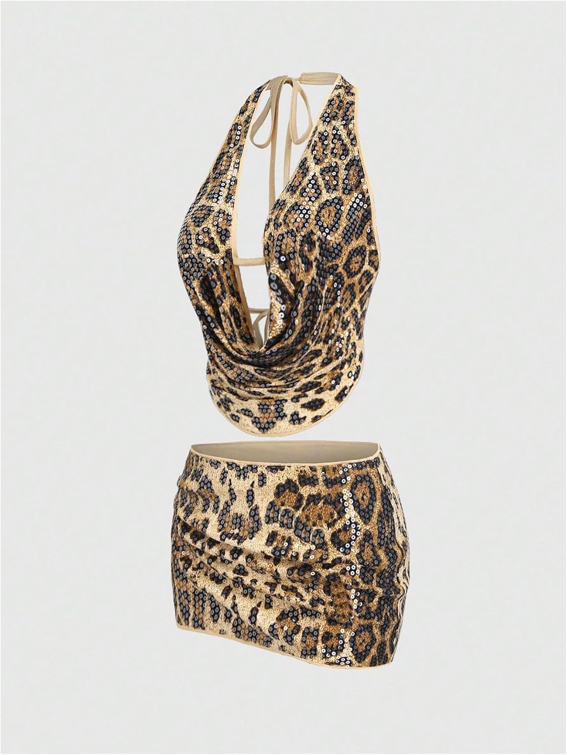 Women's 2 Piece Outfits Sexy Sequin Cheetah Halter Going Out Top and Leopard Bodycon Mini Skirt Party Rave Clubwear - Image 3