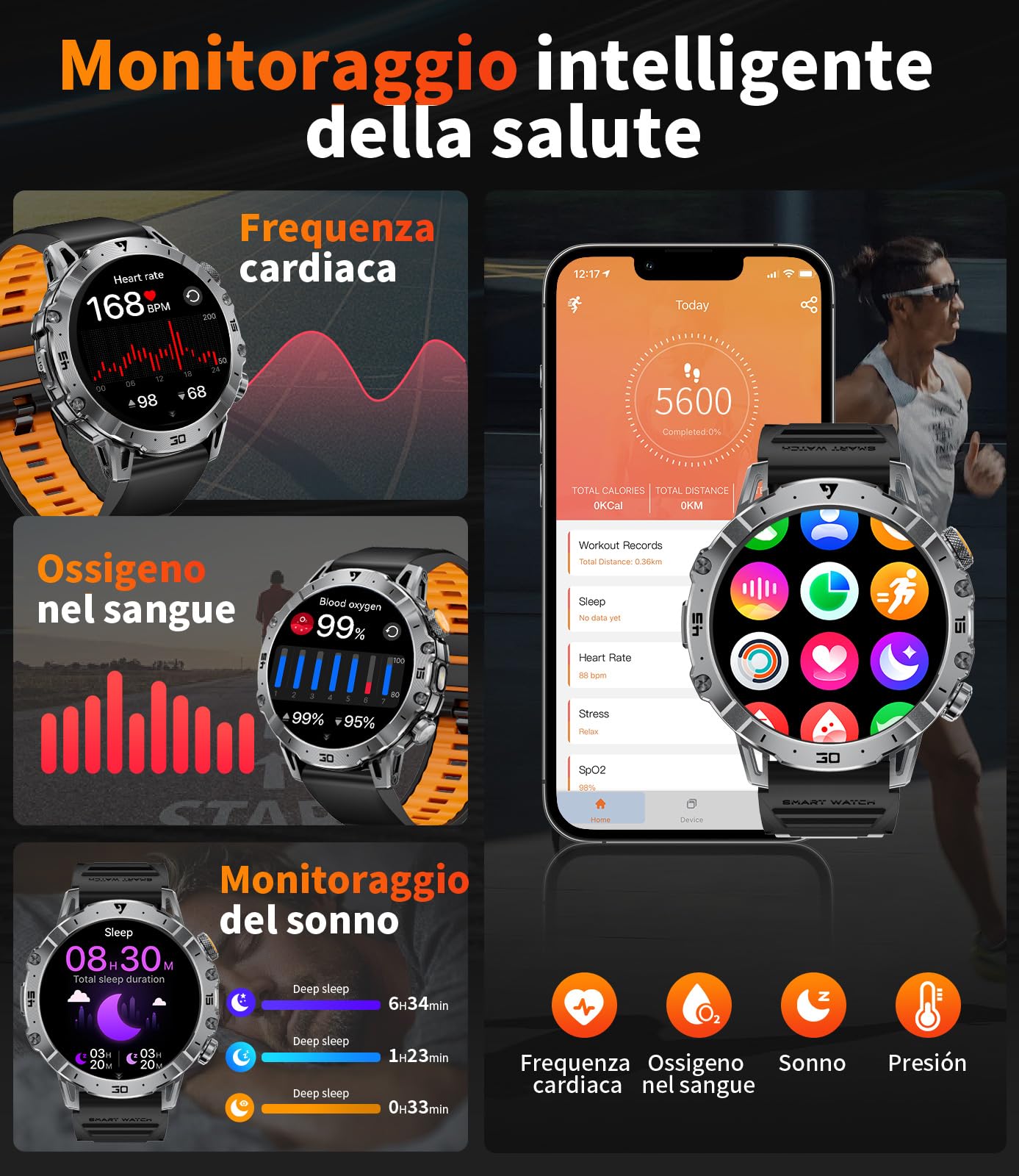 1000mAh Batteria Smartwatch Uomo Militare, 1.7'' Orologio Smart Watch con Chiamata Bluetooth, Torcia LED Orologio Fitness, 100+ Modalità Sportive, 24H Cardiofrequenzimetro Sonno, IP68 per Android iOS