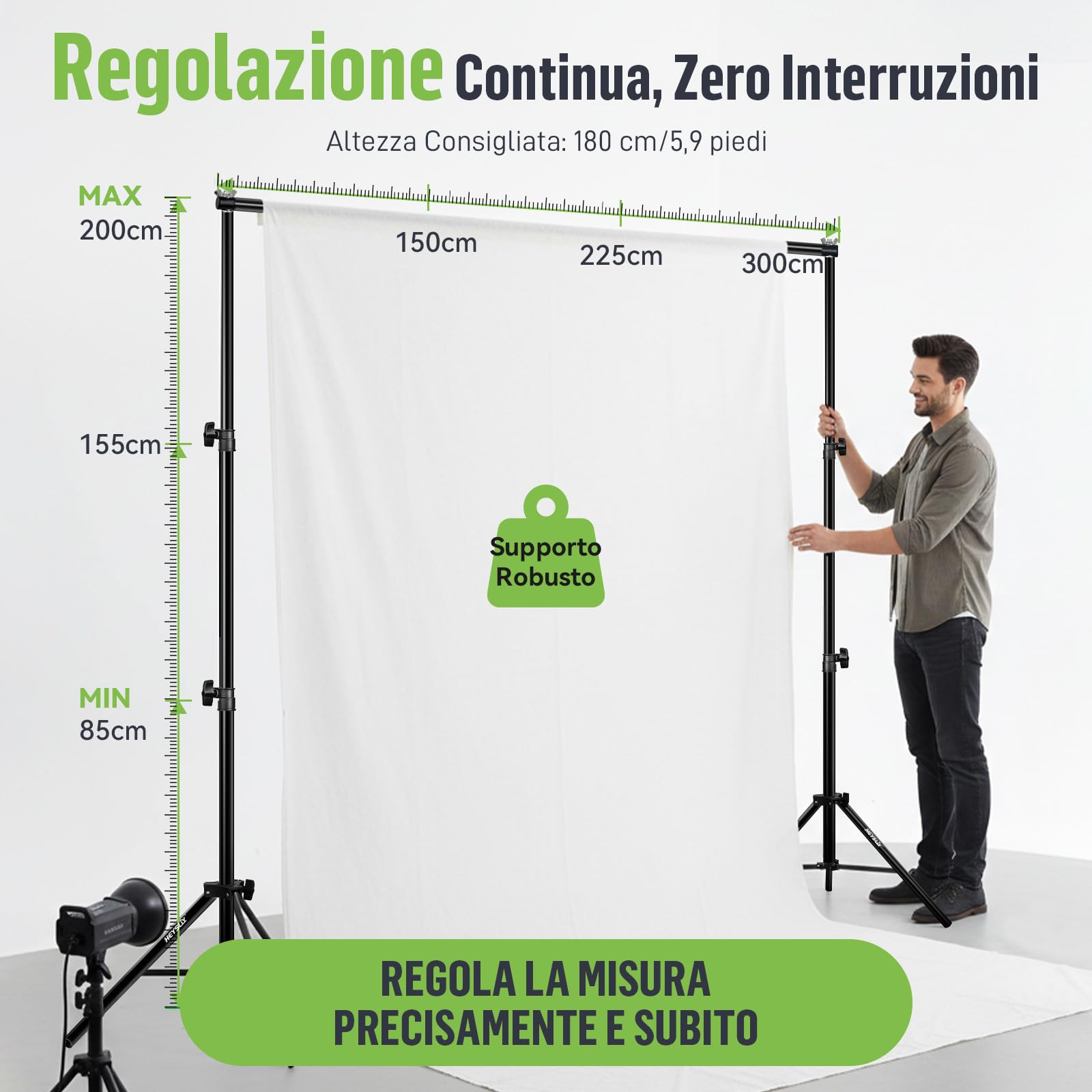 Set Supporto Fondale Fotografico 3x2m – Struttura Portatile Regolabile con Borsa per Studio, Matrimonio, Feste e Video YouTube