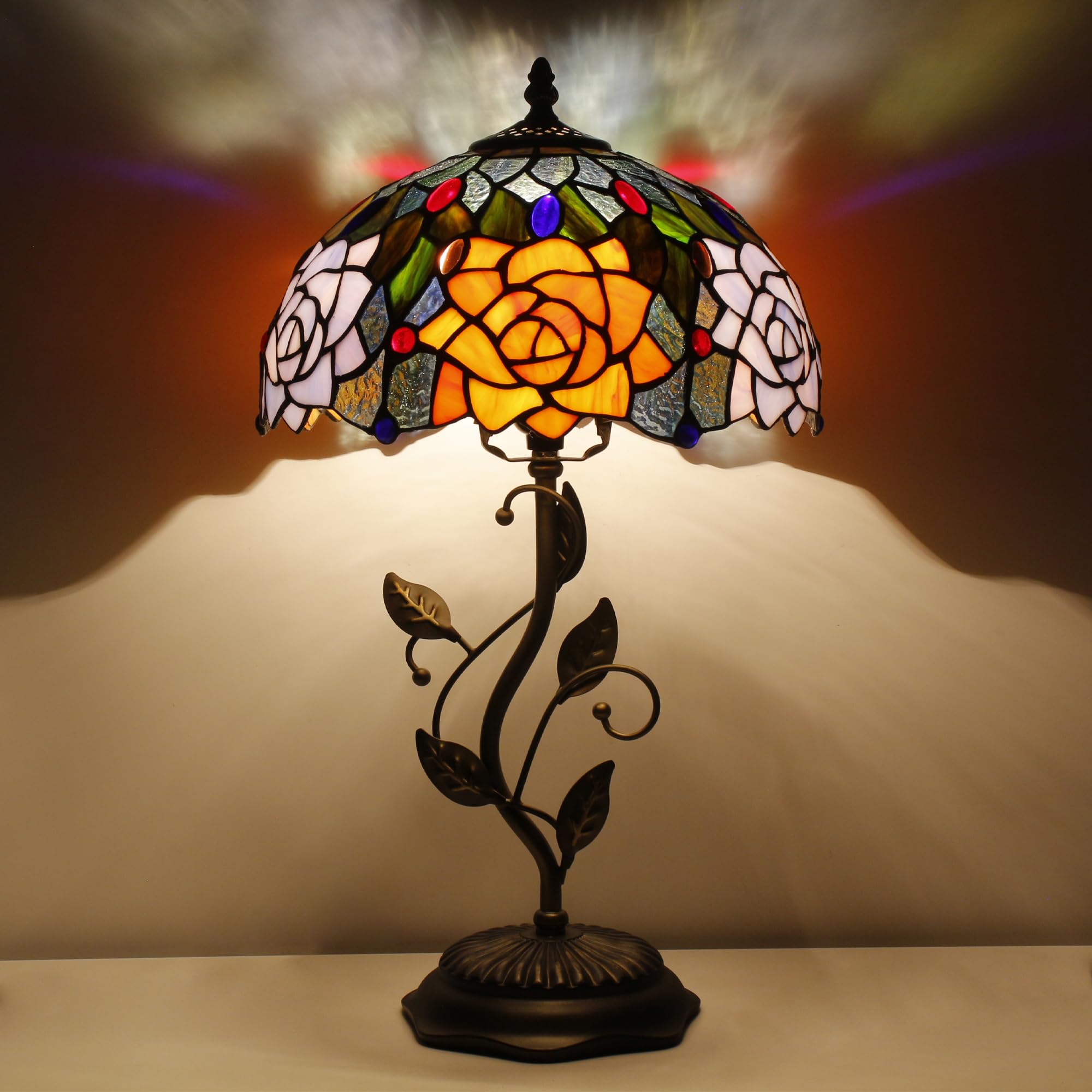 AVIVADIRECT Tiffany Lamp Orange Red Rose Stained Glass Table Lamp