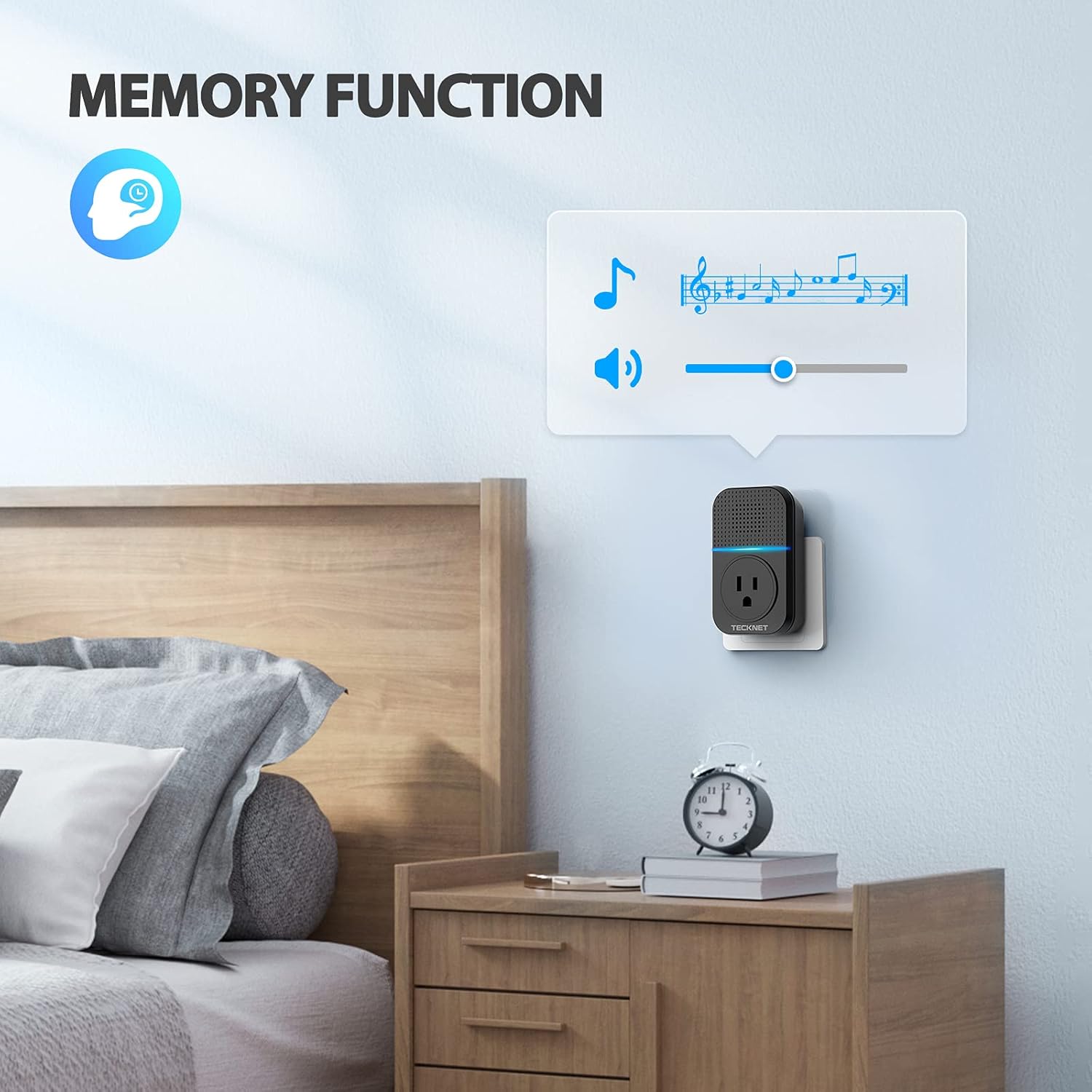 TECKNET Doorbell receiver plugged into a bedroom wall socket, with a thought bubble indicating memory function for settings