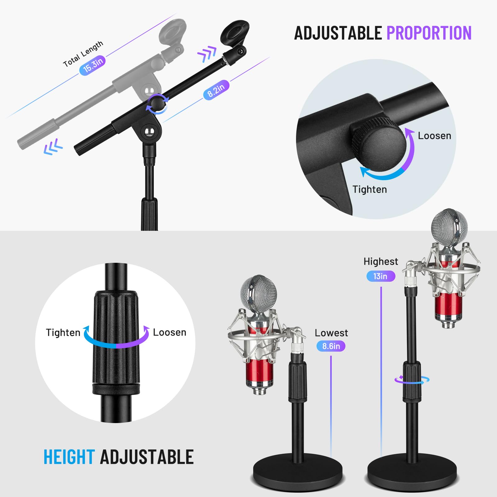 CAHAYA Microphone Stand Desk Adjustable: Boom Arm Mic Stand Desktop with 2 Mic Clips Reinforced Metal Base Table Mic Mount with 3/8" to 5/8" Screw Adapter for Singing Performance Wedding Stage Black - Image 6