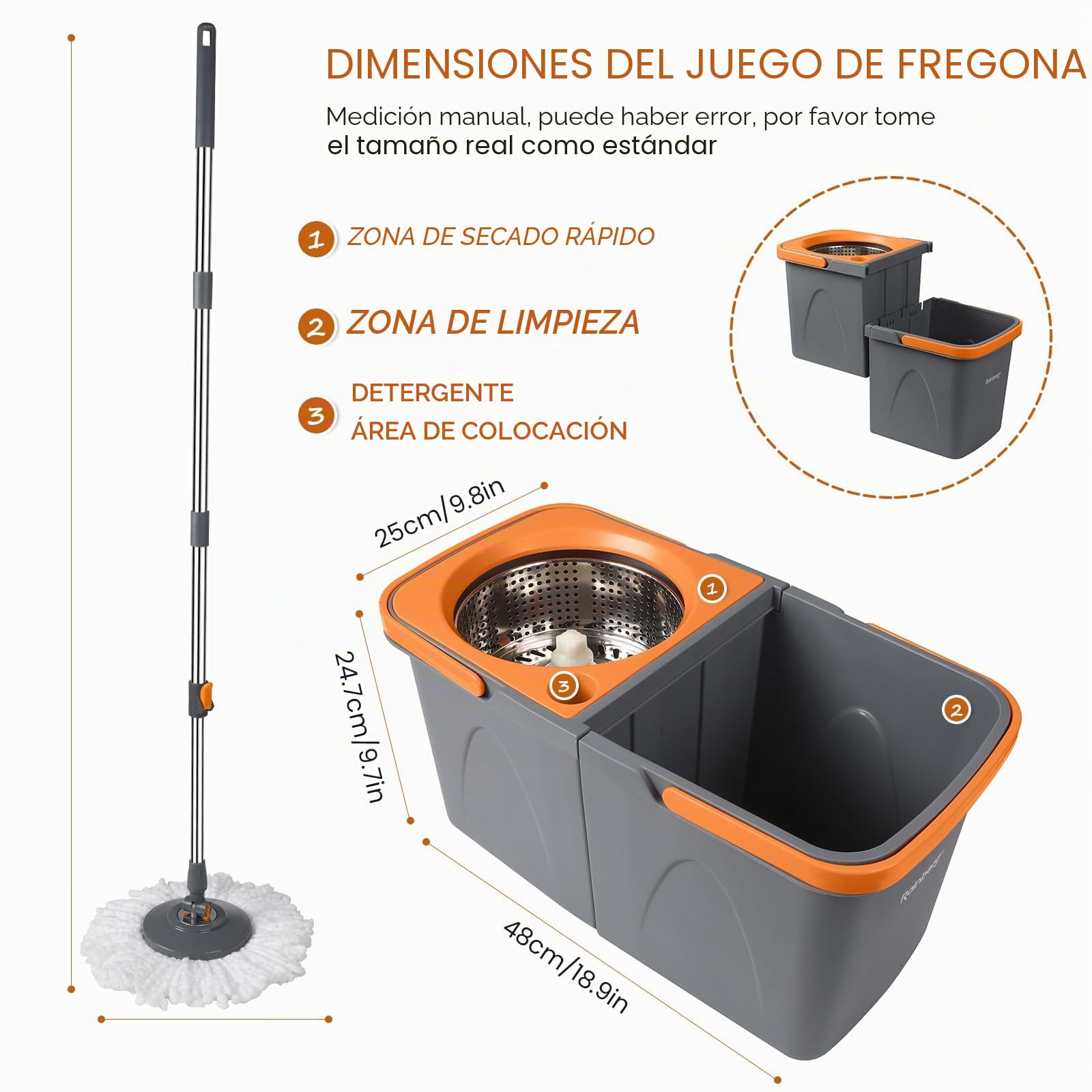 Rainberg Juego de fregona giratoria y Cubo con 3 Cabezales adicionales, Mango Extensible de 130 cm, Cabezales de Microfibra Lavables a máquina, Sistema de autoescurrido, Gris y Naranja (Juego de