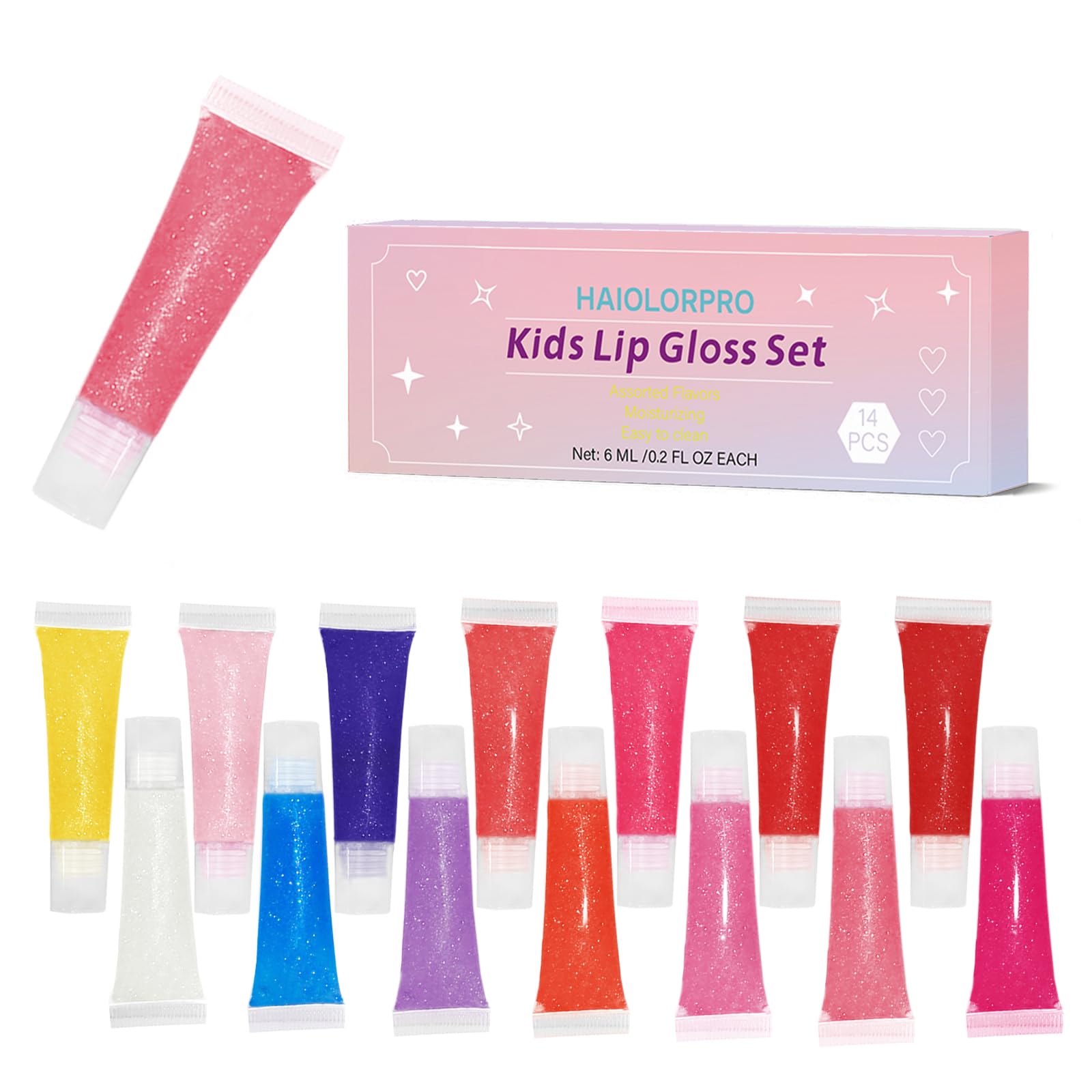 HAIOLORPRO 14 Colors Kids Lip Gloss Set, Girls Lip Gloss with Shimmer, Glossy Lip Gloss for Girls and Teens Age 5+, Birthday Party Favors Gifts, Non-Toxic Fruit Scented (6ml, 14 pcs) Colorful A
