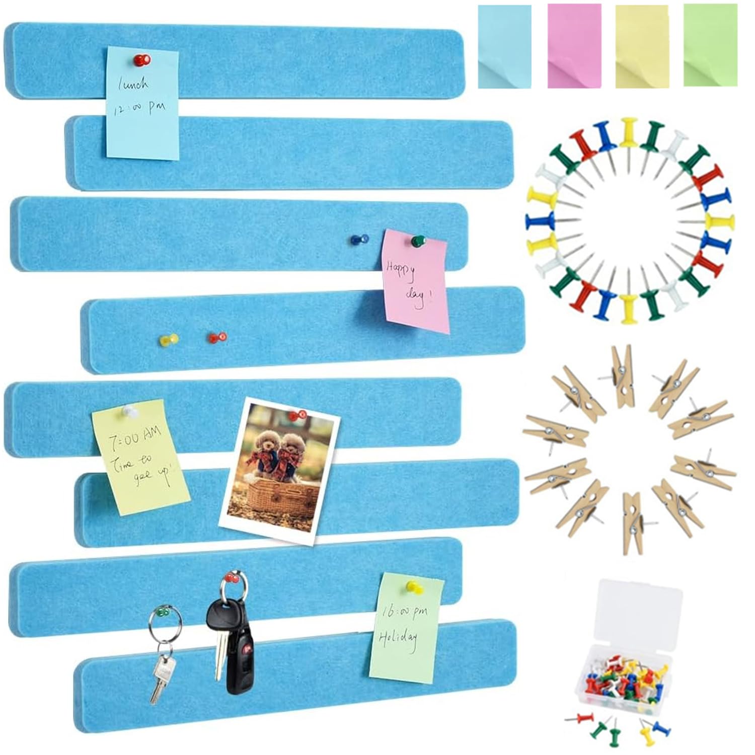 Vuzvuv 8Pcs Sky Blue Cork Board Bar Strips with 50 Pushpins & Sticky Notes, Self-Adhesive Bulletin Board Strips No Damage for Wall, Felt Pin Board for Paste Notes, Photos, Schedules Offices Home — image 1