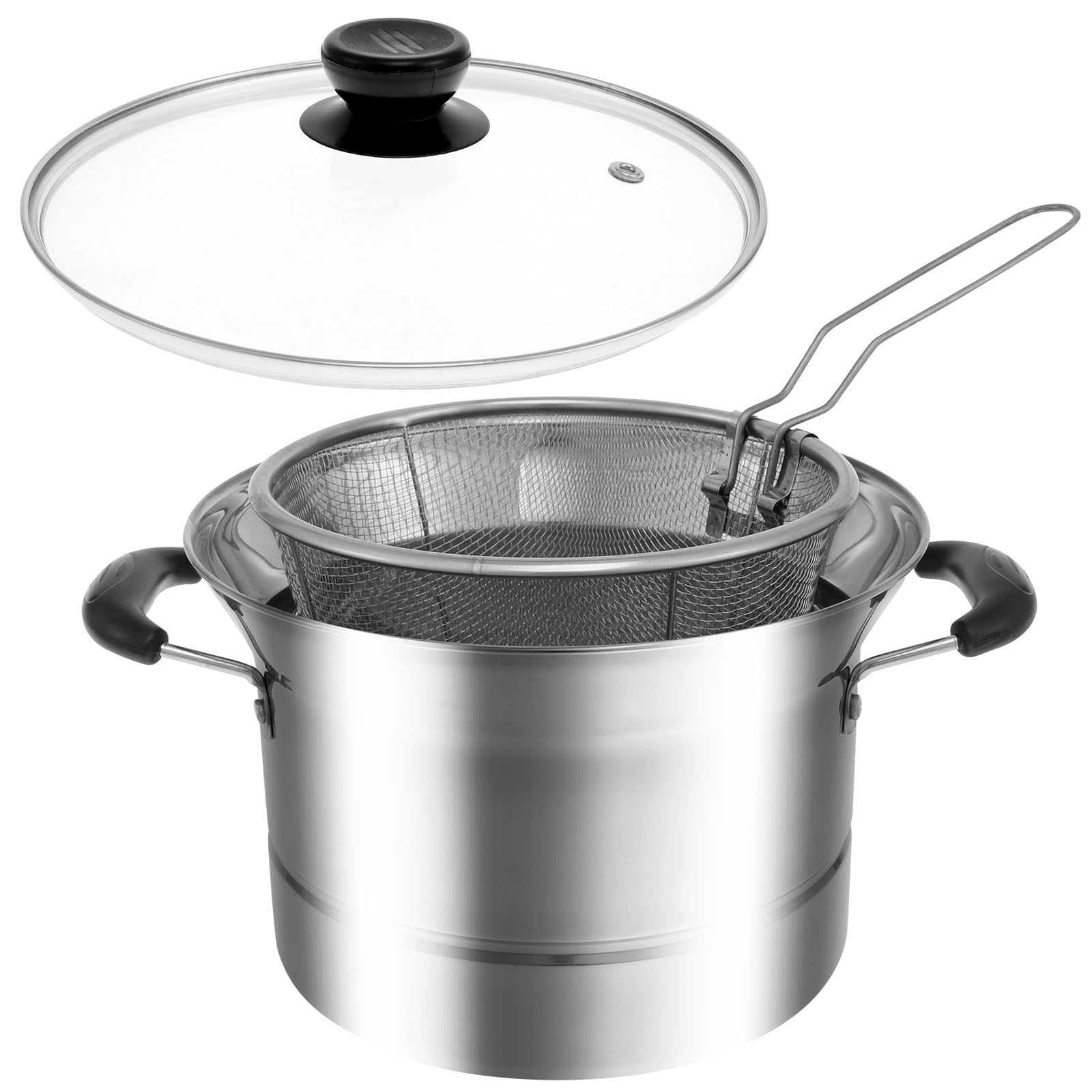 Deep Fryer Pot with Strainer Basket and Handle Stainless Steel Fryer Pot Aluminum Fish Fryer Pot Portable Deep Fryer Multifunctional Deep Frying Pot for Cooking Chicken Wings Seafood French Fries