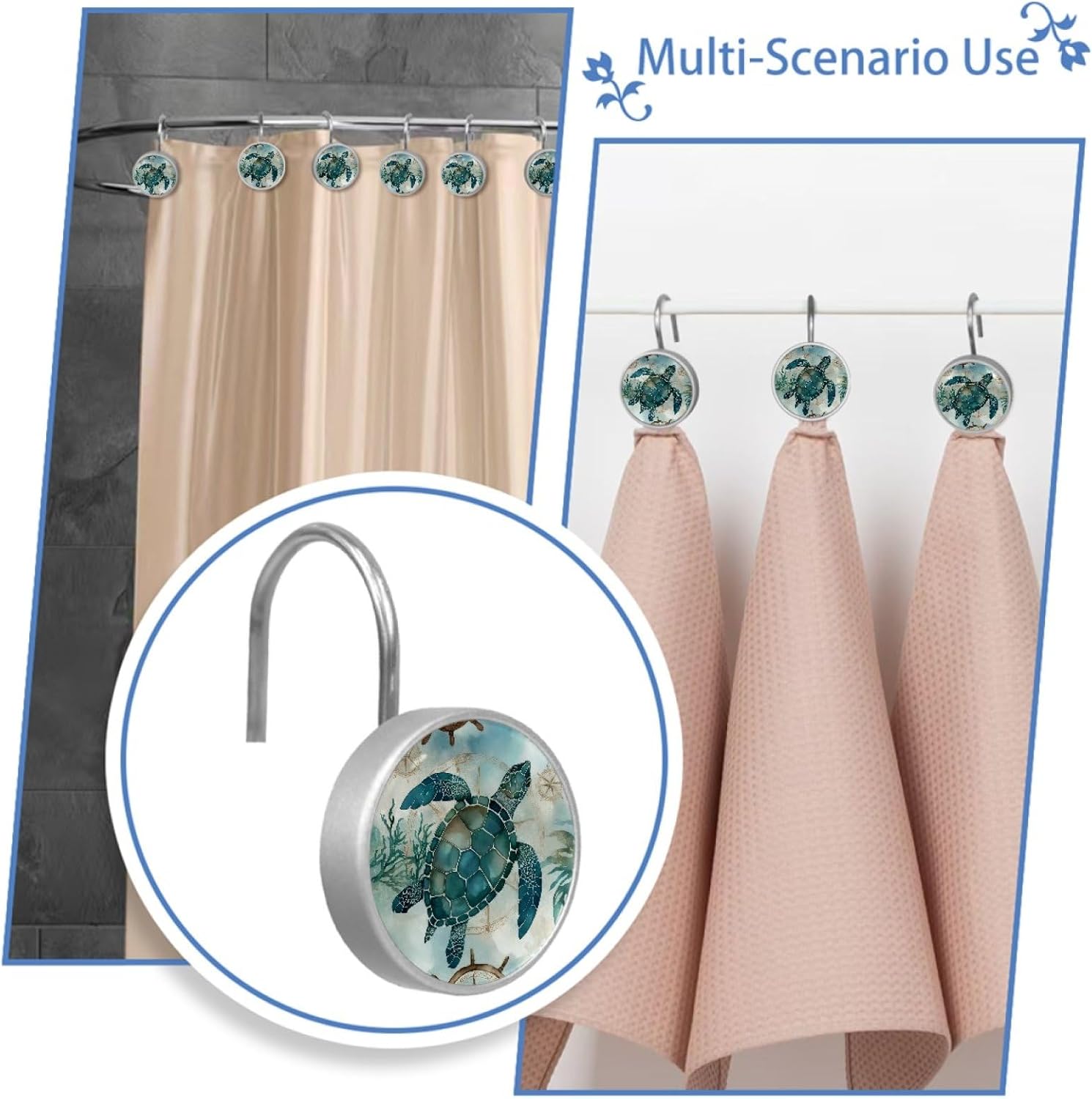 Vintage Turtle Shower Curtain Hooks Rings, Round 12 Pcs Resin Glass Shower Curtain Hangers for Bathroom, Rust Proof Stainless Steel Shower Hooks for Shower Curtain Rod