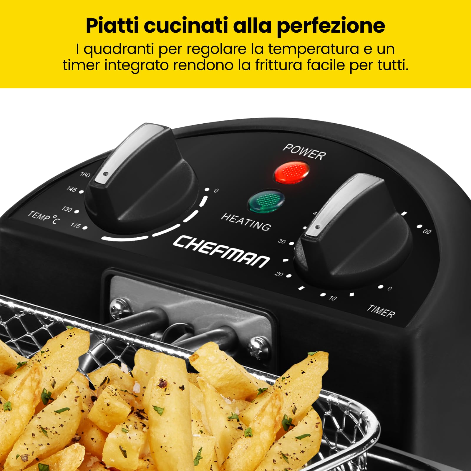 Chefman Friggitrice 4.5 Litri, Filtro Cestello, Formato XL Jumbo, Temperatura e Timer Regolabili, per Pollo Fritto, Gamberetti, Patatine Fritte, Contenitore dell'Olio Rimovibile, Acciaio Inossidabile