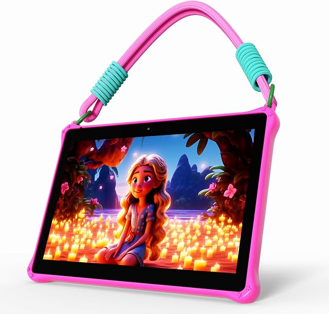 PRITOM 10 inch Kids Tablets Android 13, Tablet with Lanyard 64GB, Quad-Core, HD IPS Display, WiFi, Dual Camera, Toddler Tablet for Kids Age 3+ (Pink)