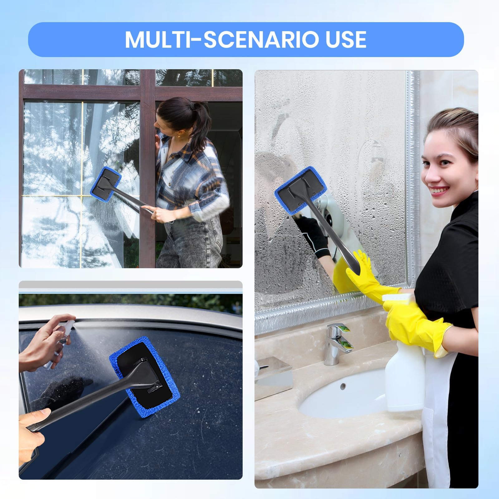 Ceuissp 6PCS Windshield Cleaning Tool Car Window Cleaner with 5 Reusable and Washable Microfiber Pads and Extendable Handle Auto Inside Glass Wiper Kit Green (Blue)