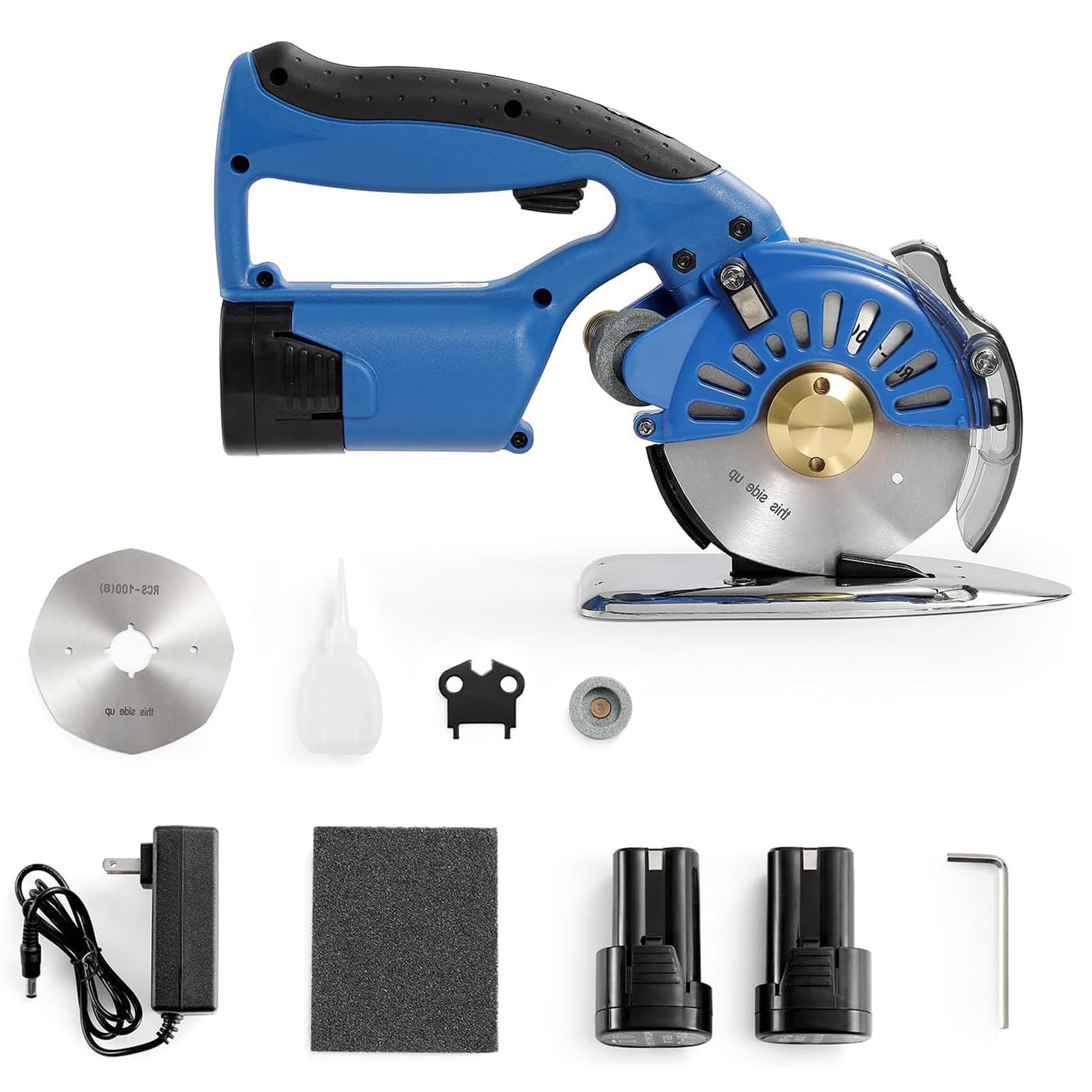 Taglierina Elettrica, Cutter Elettrico, Taglierina Rotante | Motore Brushless, Affilatura Auto, 40mm, Lama HSS 125mm, 2x2500mAh, 5 Velocità, Peso 1.7kg, Luce LED per Tessuti
